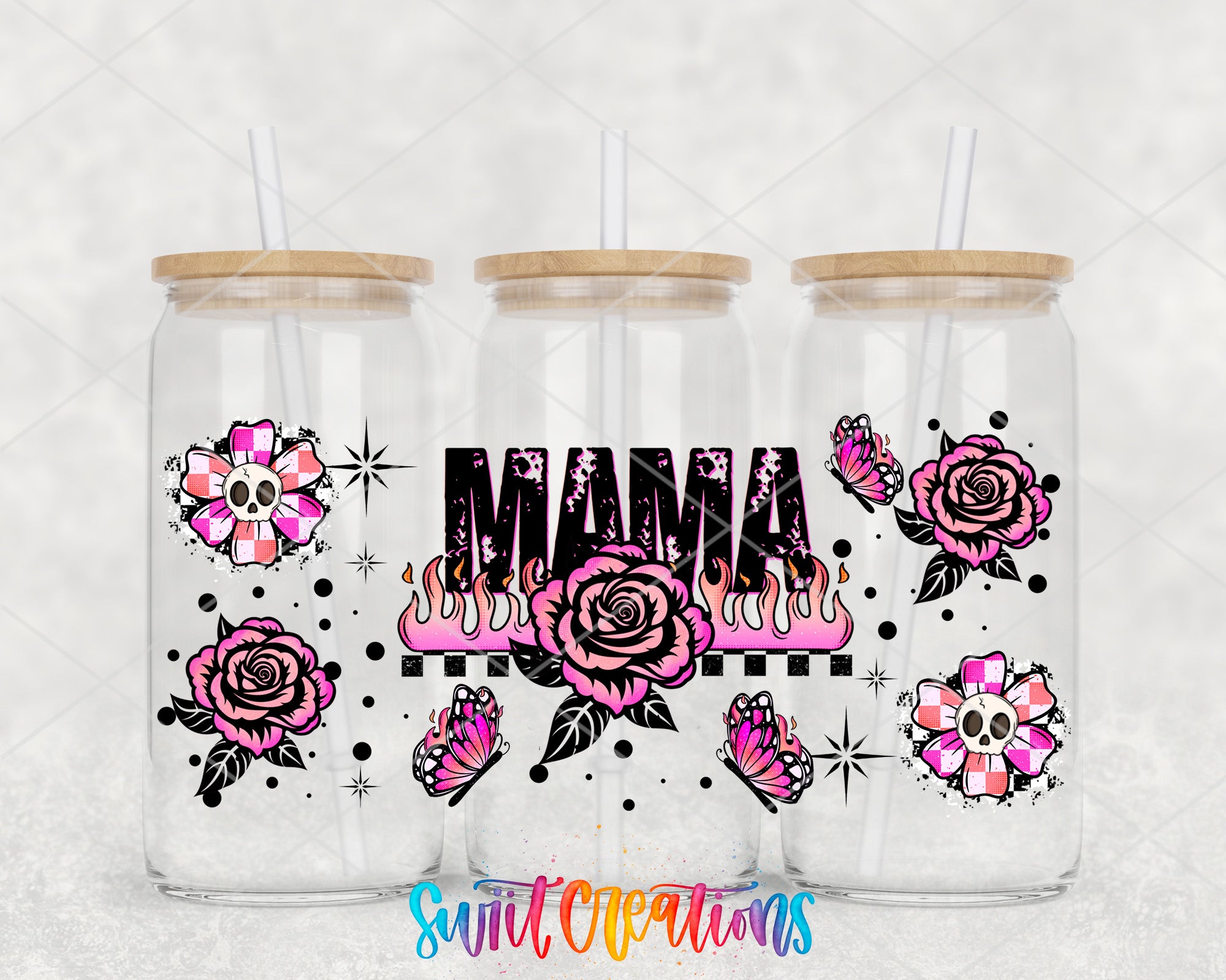 three glass jars with floral and skull designs, along with the word "Mama" prominently displayed in the center.