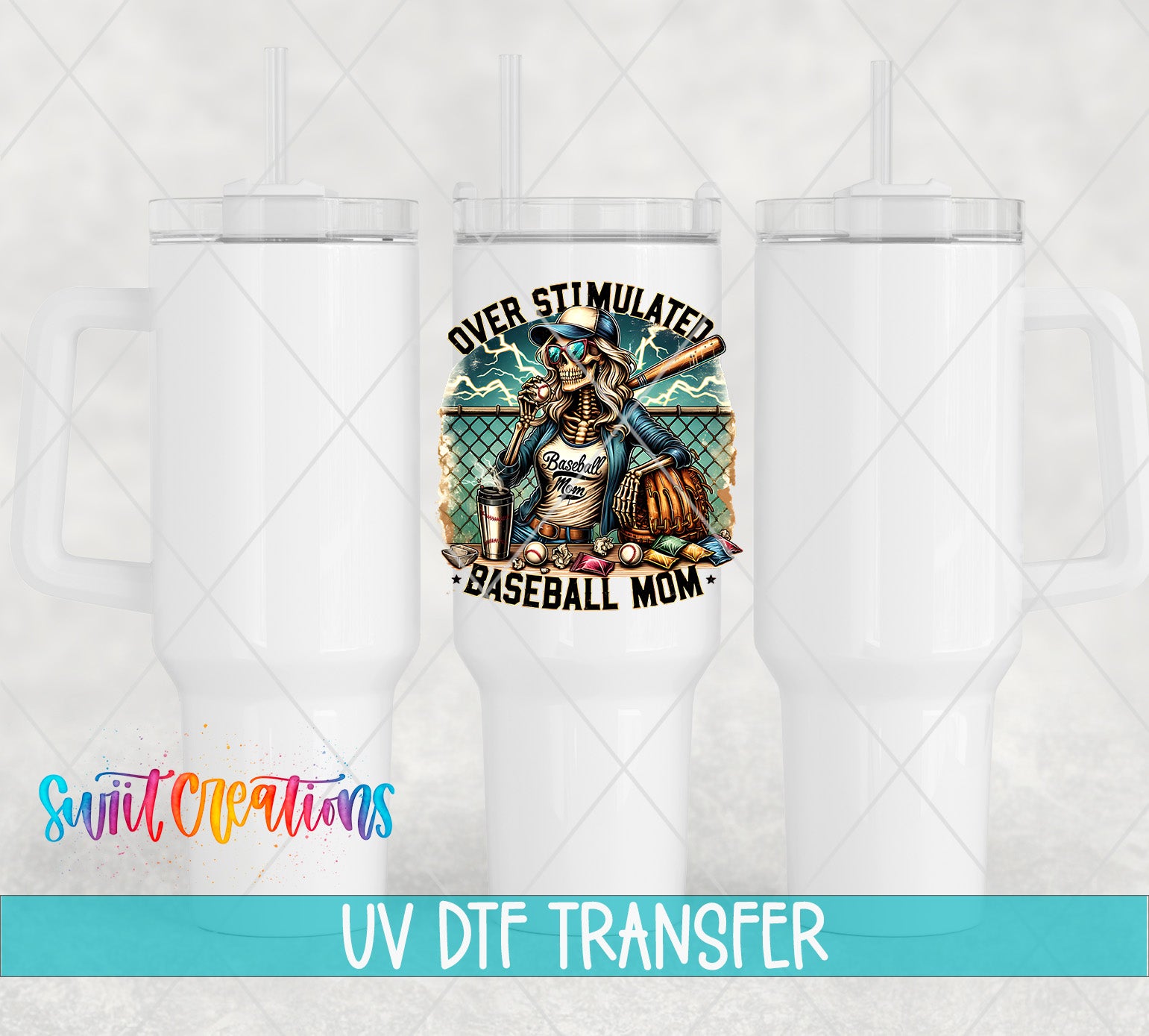 three white tumblers with a baseball-themed design on the center one.