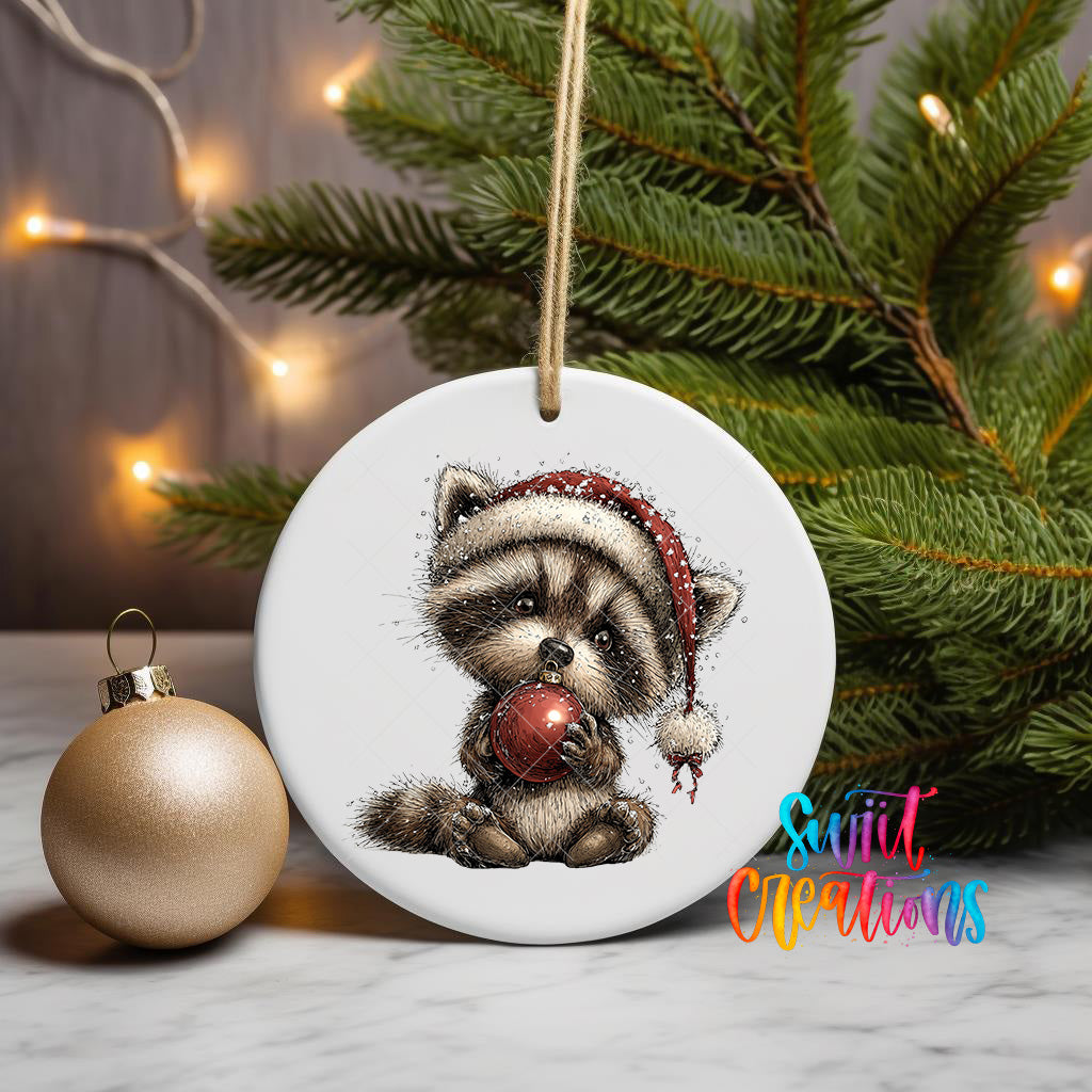 A white ceramic ornament featuring a raccoon wearing a Santa hat, holding a red ball, is displayed on a white marble surface next to a gold ornament and a Christmas tree.