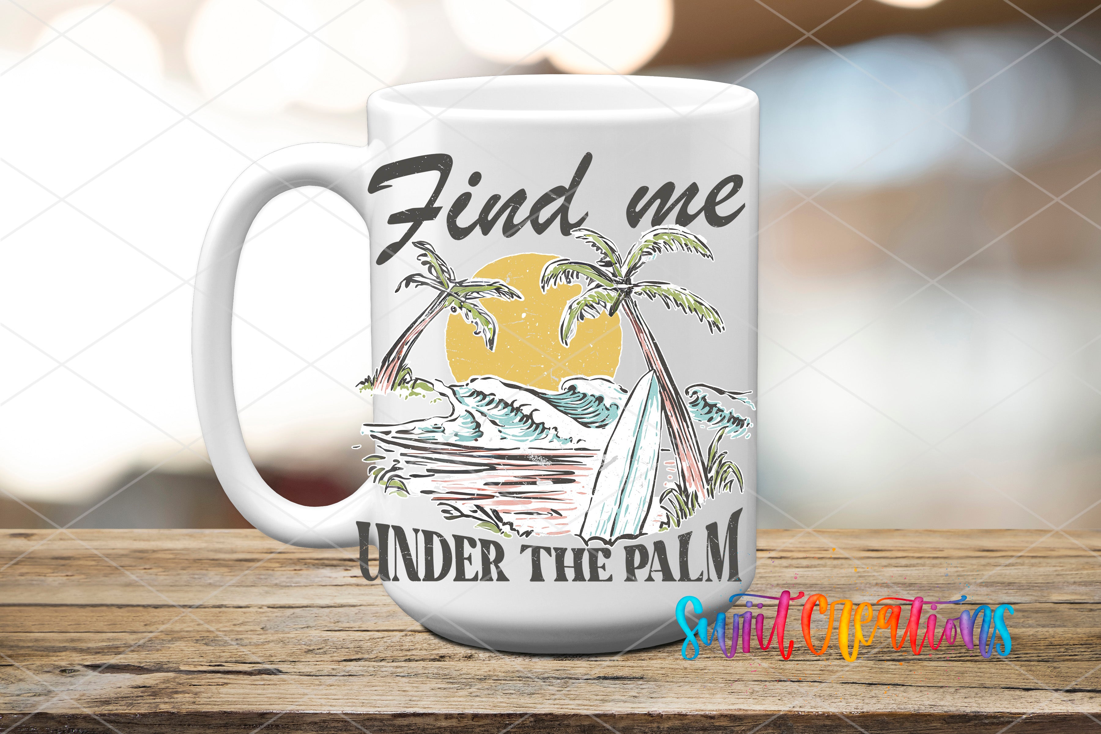 A white mug with a graphic design depicting a beach scene with palm trees, a surfboard, and a sunset. The text on the mug reads "Find me under the palm".