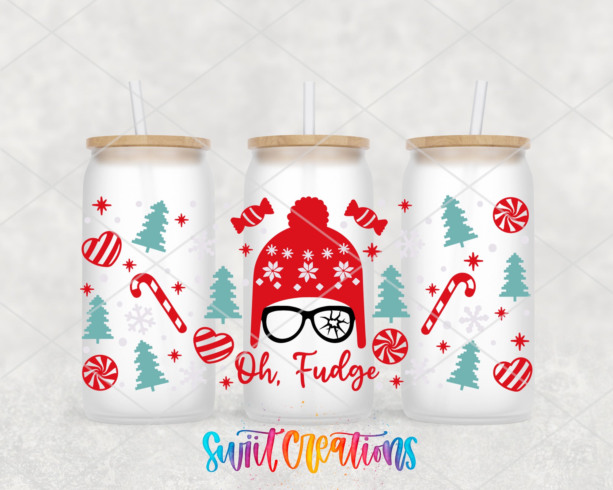 A trio of white tumblers with festive Christmas-themed designs, including a red hat with a pair of glasses, snowflakes, candy canes, and Christmas trees.