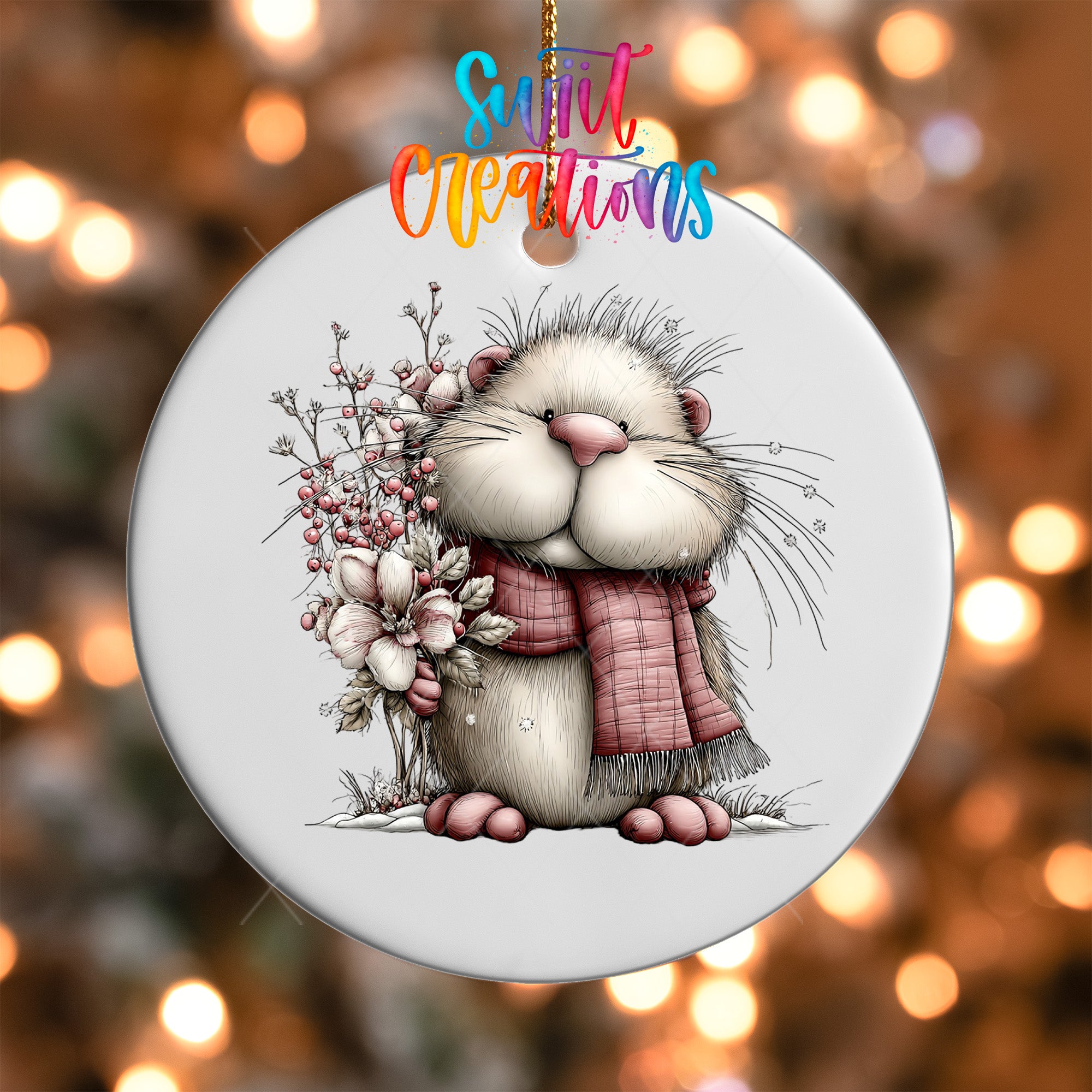 A ceramic ornament featuring a cute cartoon rabbit holding flowers and a scarf, with a colorful background.