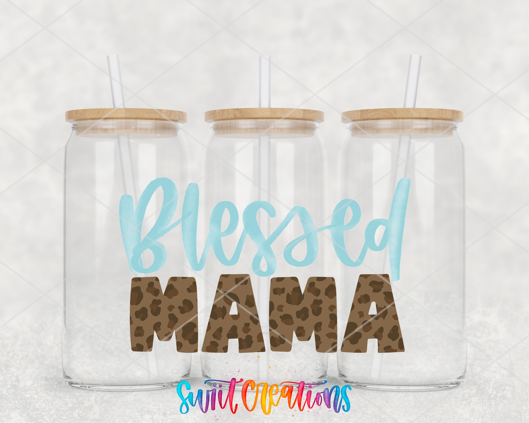 A collage of three glass jars with leopard print designs, each containing a straw. The text "Blessed MAMA" is displayed prominently in the center of the jars.