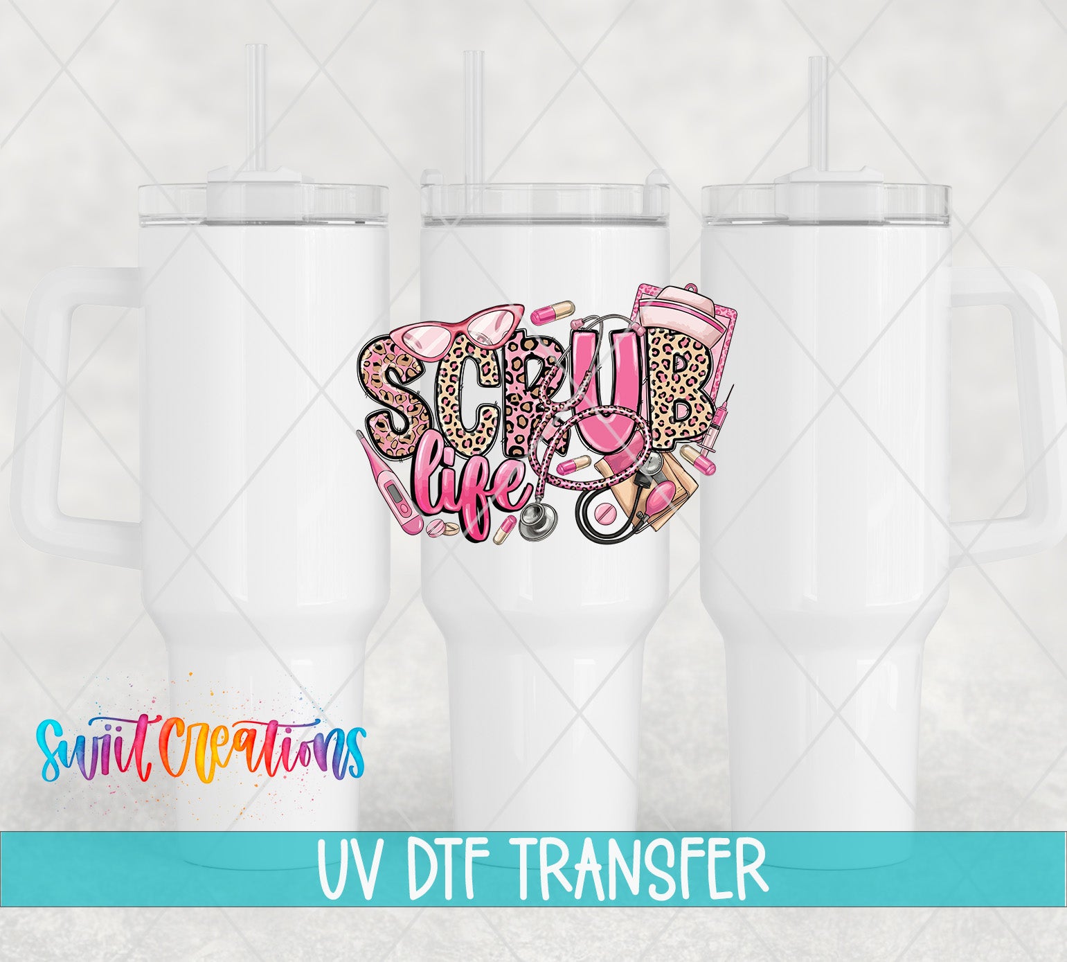 three white tumblers with a colorful and stylized design on them, which appears to be a UV DFT (Photographic Digital Transfer) transfer.