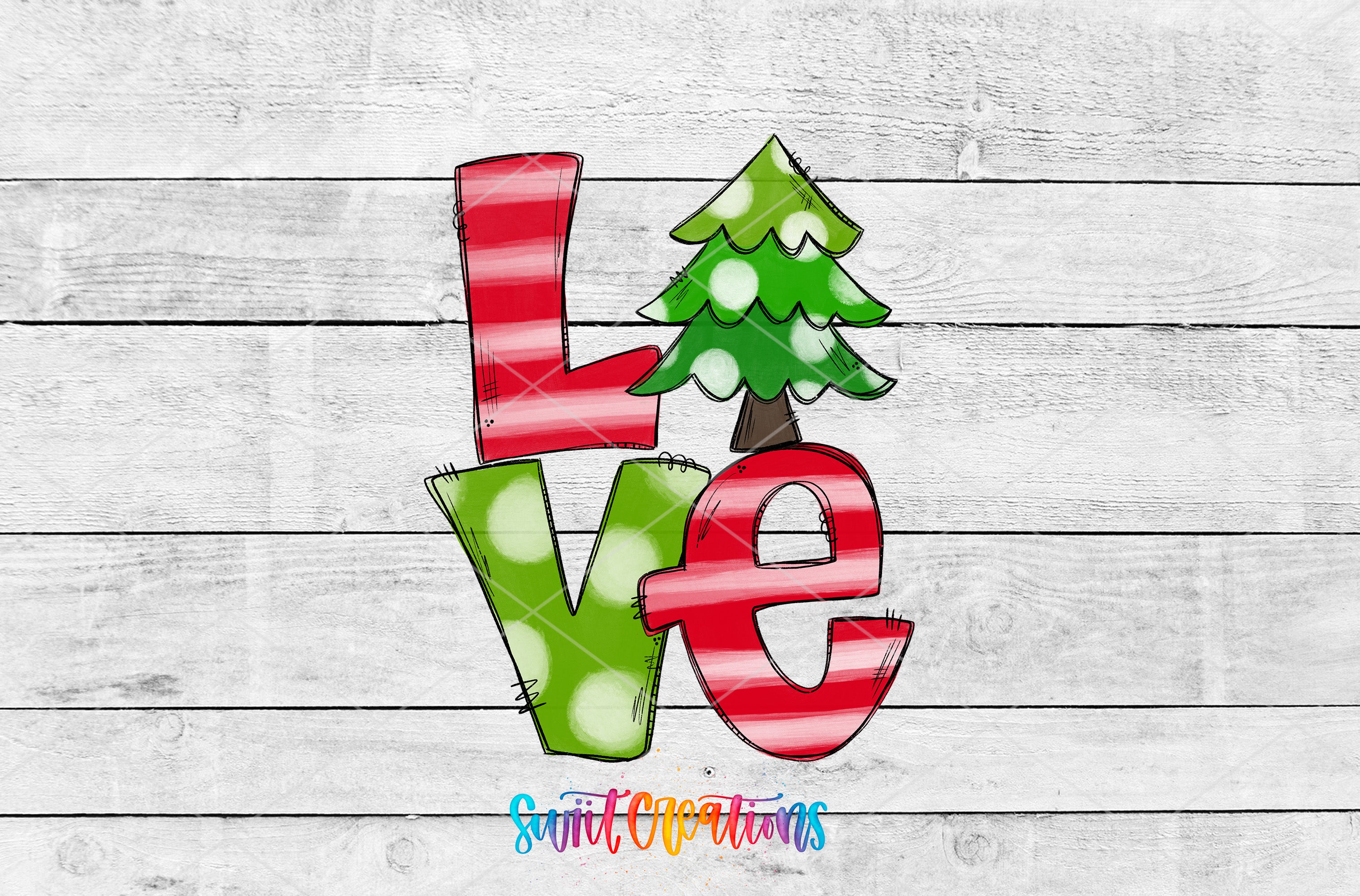 A colorful and whimsical Christmas-themed design featuring the word "LOVE" in a playful, stylized font, with a green tree and red and white striped elements.