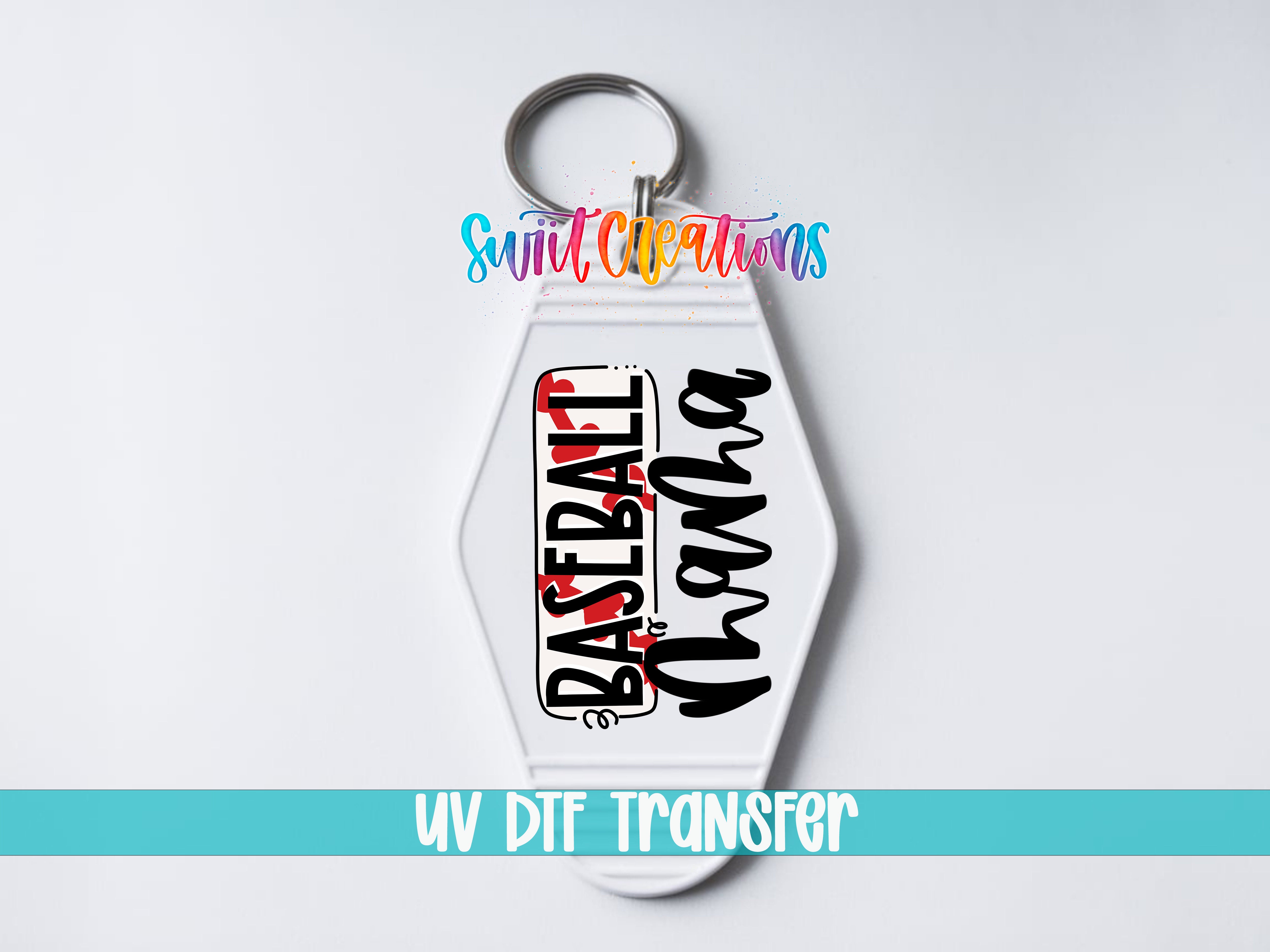 A keychain with the text "Baseball" printed on it, along with a logo and the text "UV DDF Transfer".