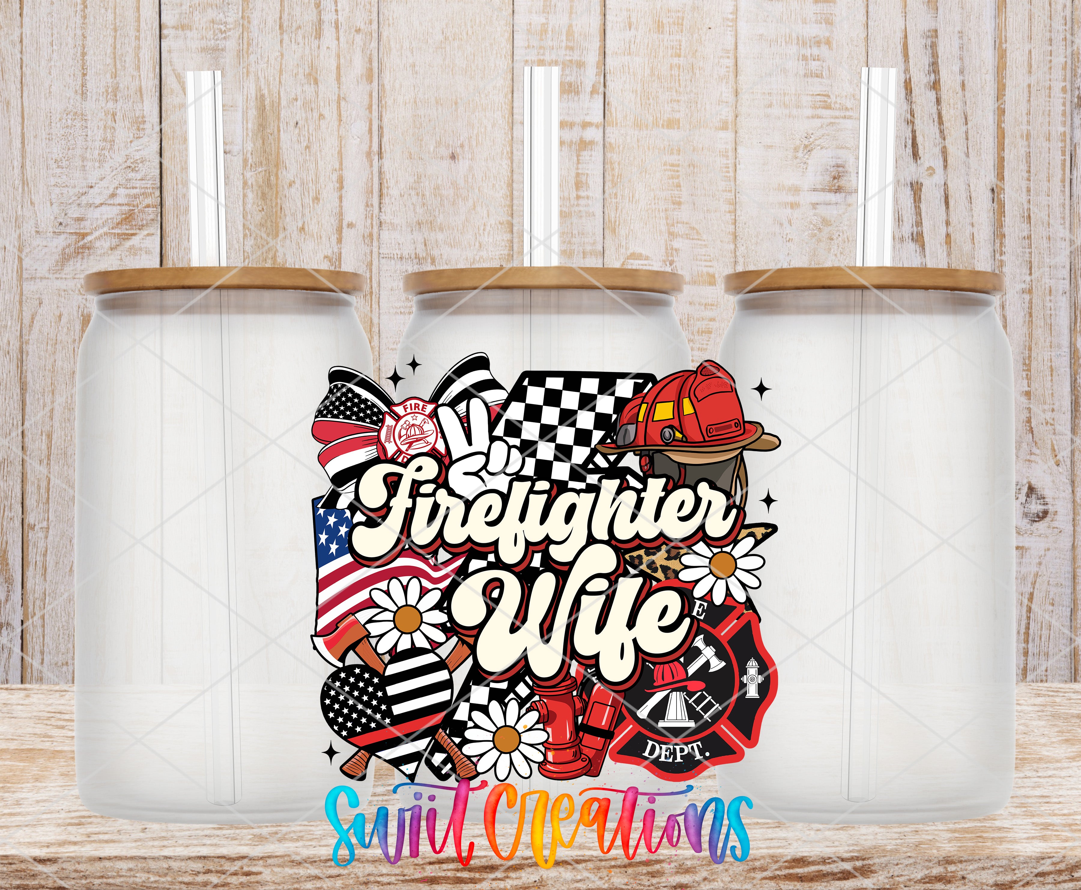 three glass tumblers with a colorful and artistic design on them, including a firefighter helmet, flowers, and other firefighting-related elements.