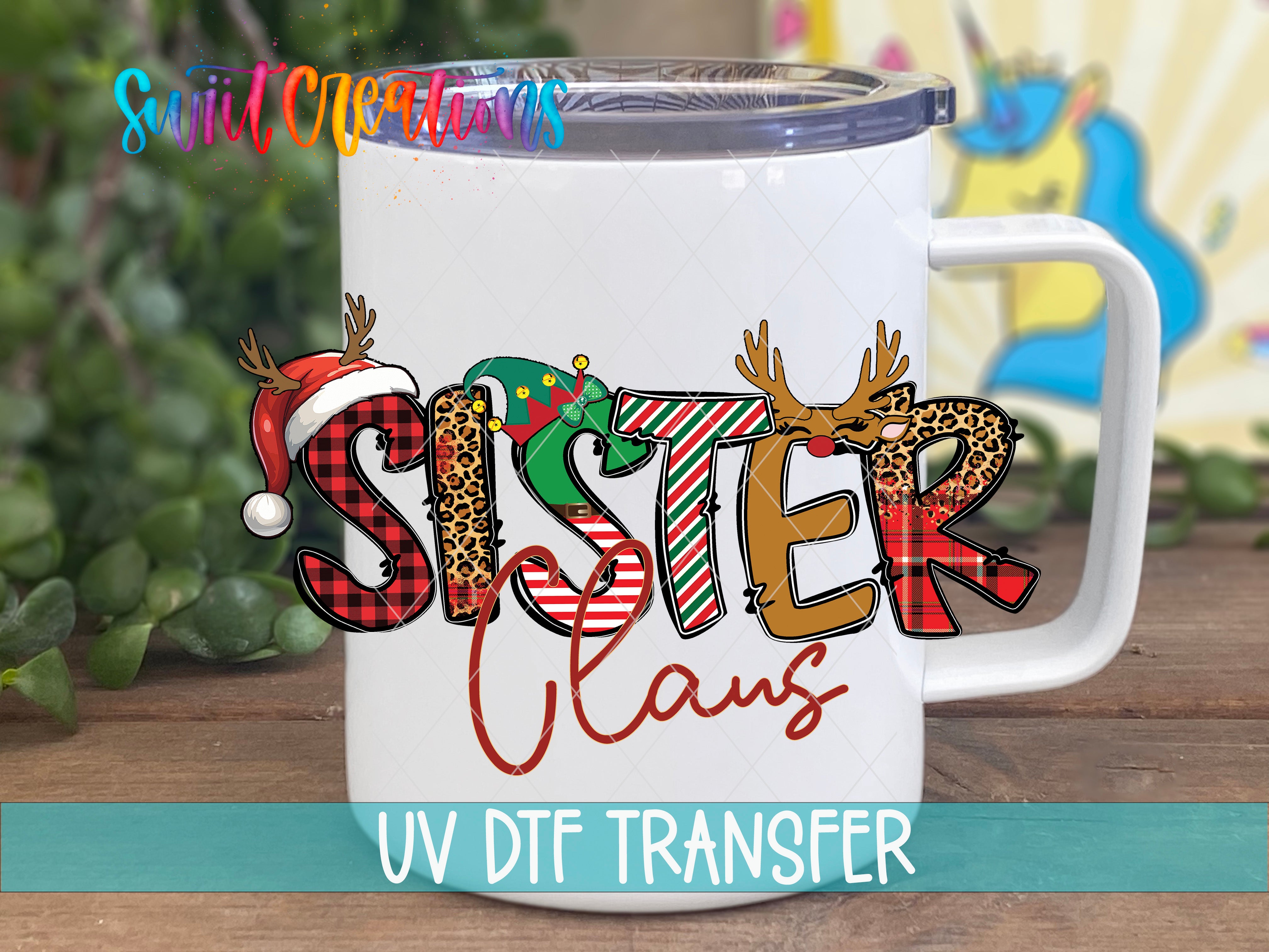 A white mug with a colorful design featuring the word "Sister" in various styles and colors, along with a snowman and reindeer motif.