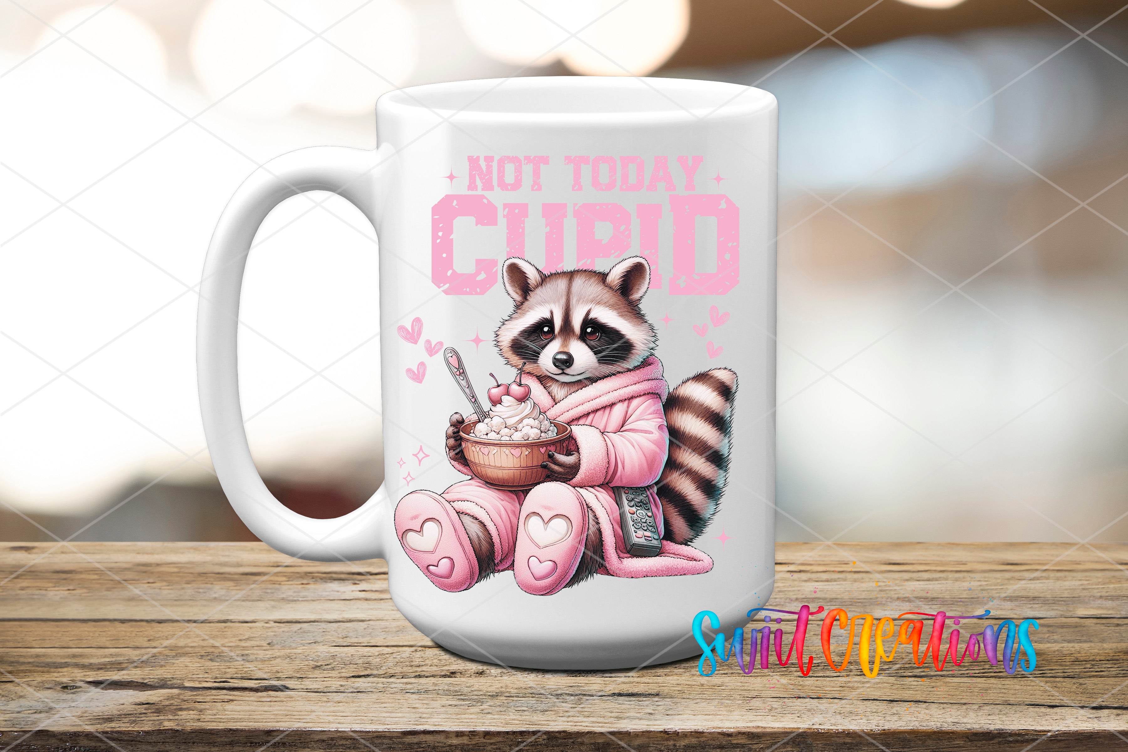 A white ceramic mug with a printed design featuring a raccoon wearing a pink robe and holding a bowl of food, along with the text "NOT TODAY CURI".