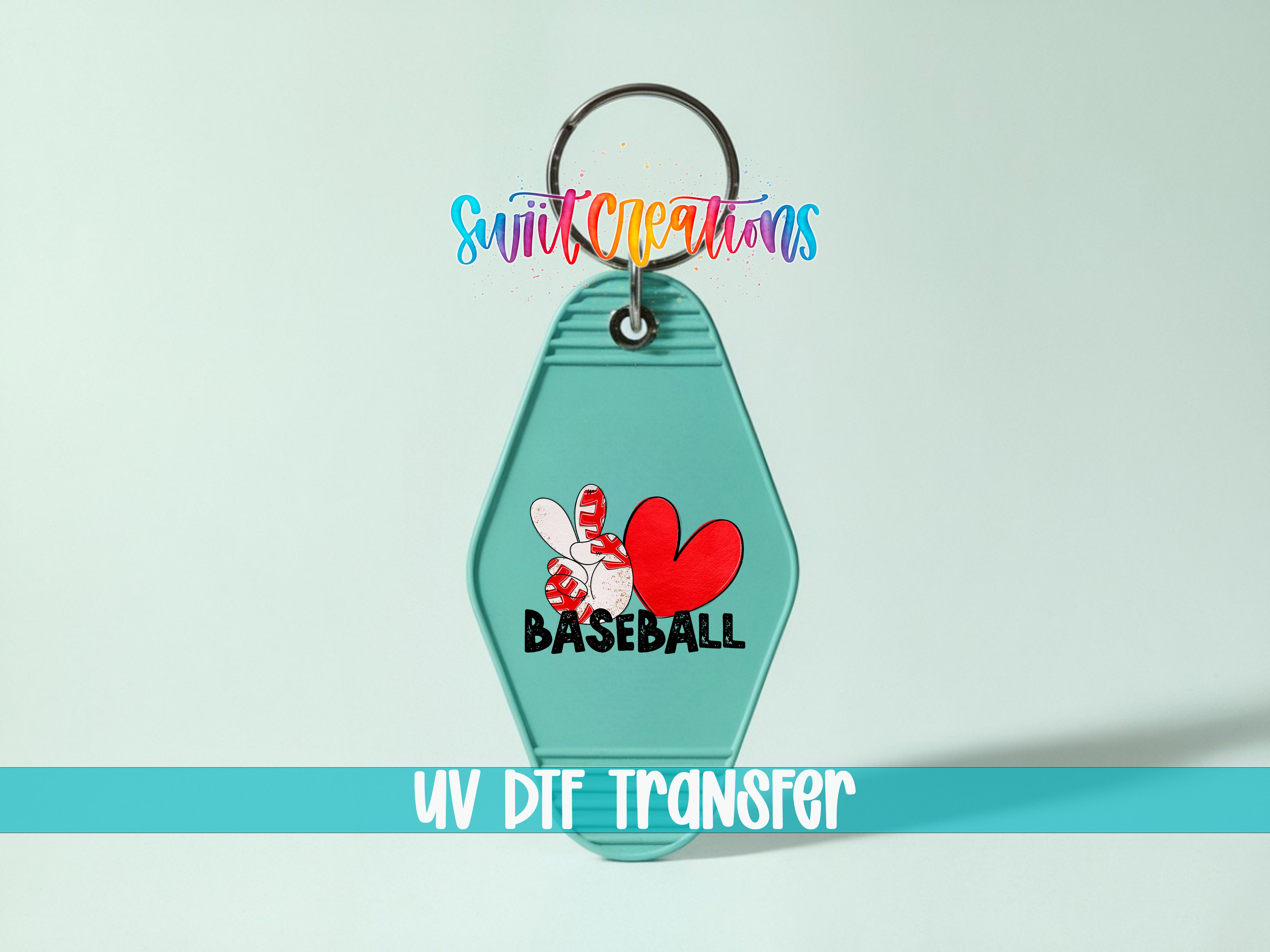 A keychain with a baseball design and the text "Baseball" printed on it, along with a colorful logo.