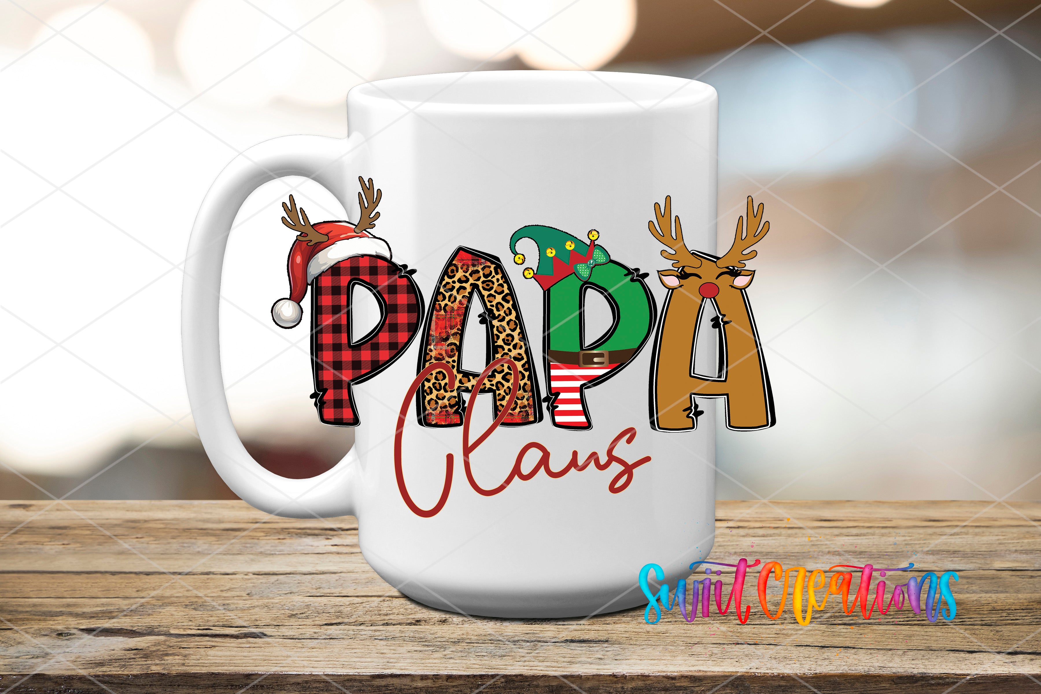 A white mug with the word "Papa Claus" written on it, featuring various Christmas-themed elements such as reindeer, Santa hat, and snowflakes.