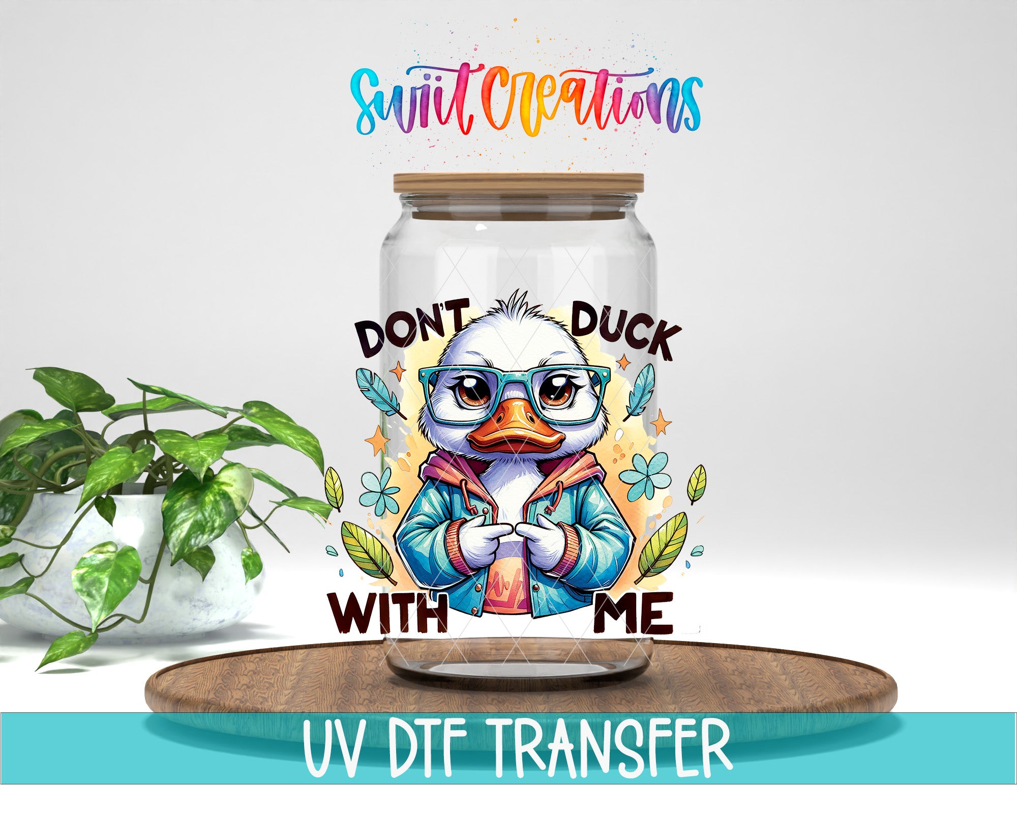 a glass jar with a cartoon duck wearing glasses and a jacket, surrounded by various decorative elements. The jar has a lid and is placed on a wooden surface.