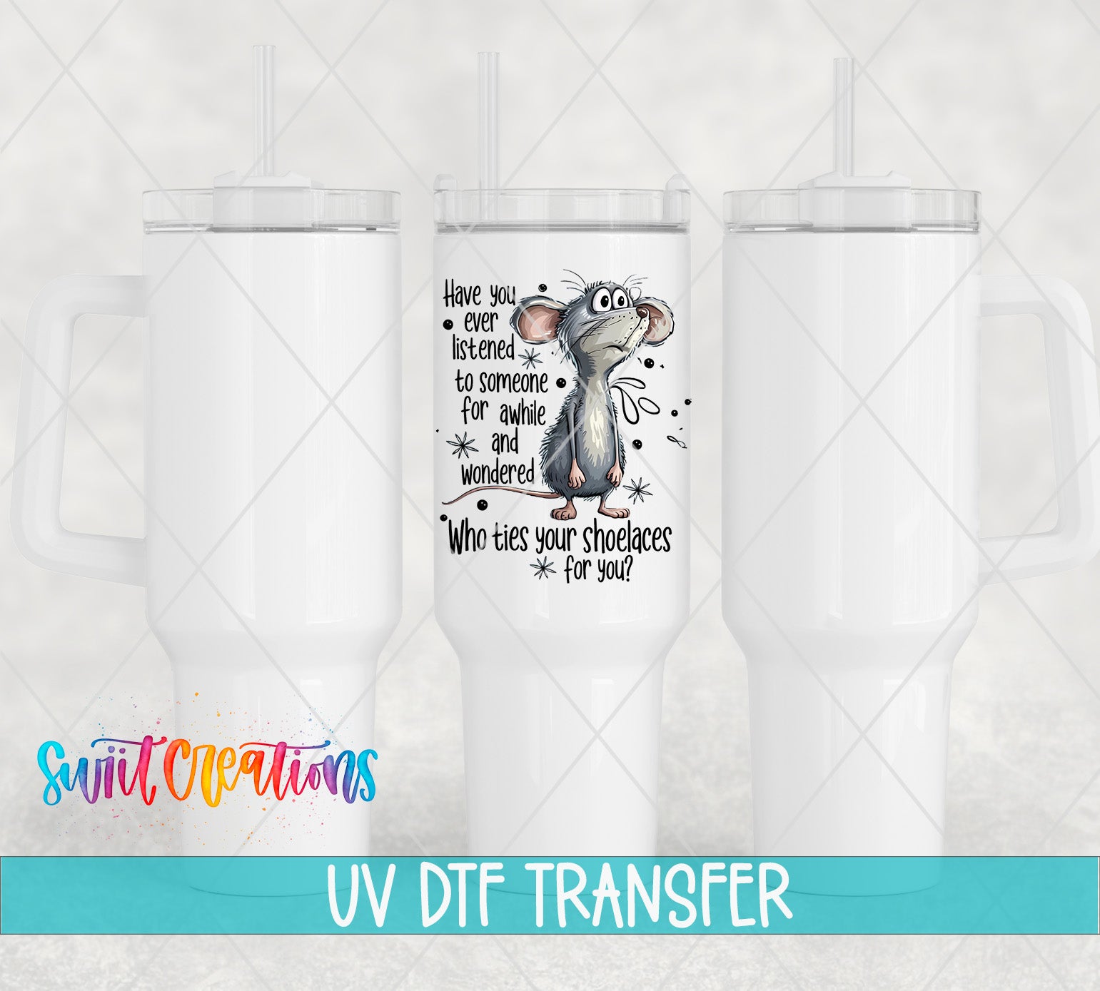 a white ceramic mug with a printed design on it, including a cartoon mouse and text.