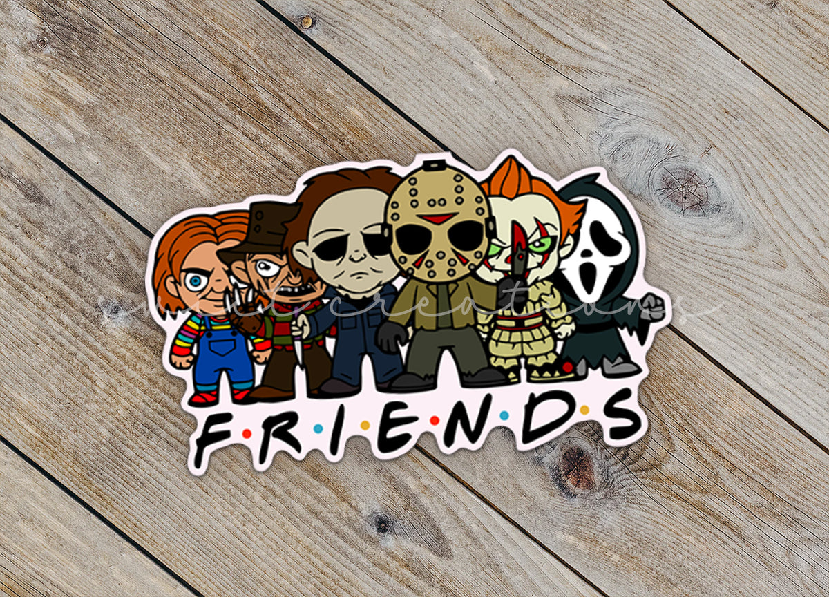 a sticker with a group of cartoon characters on it