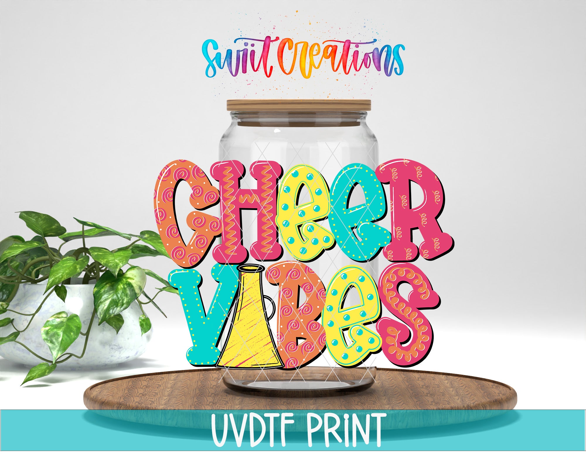 a colorful and playful design with the words "CHEER VIBES" written in a jar, surrounded by various decorative elements.
