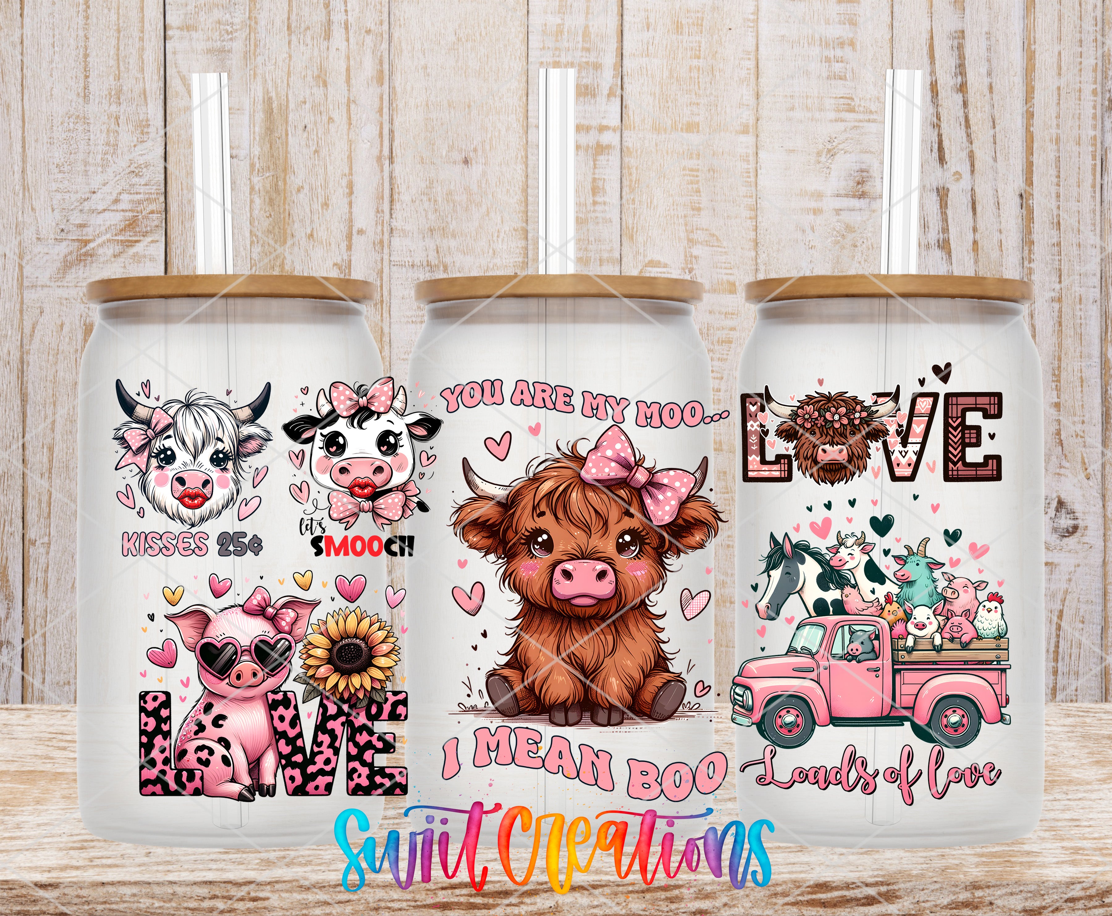 three glass tumblers with illustrations of cows and a pink truck, along with various text and graphics related to the theme of cows and farm life.