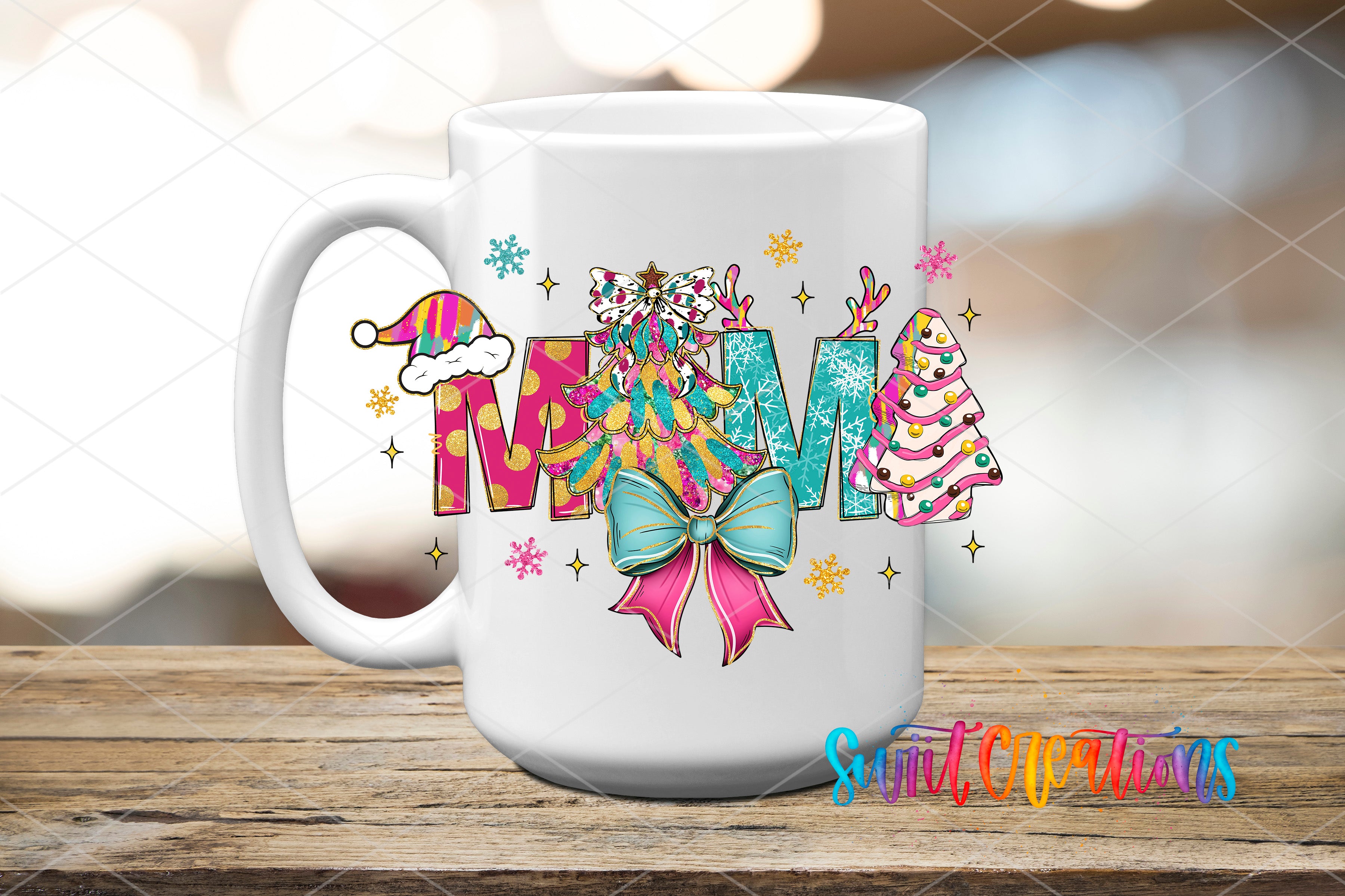 A white ceramic mug with a colorful and festive design featuring the word "MOMA" surrounded by various Christmas-themed elements such as snowflakes, stars, and a Santa hat.