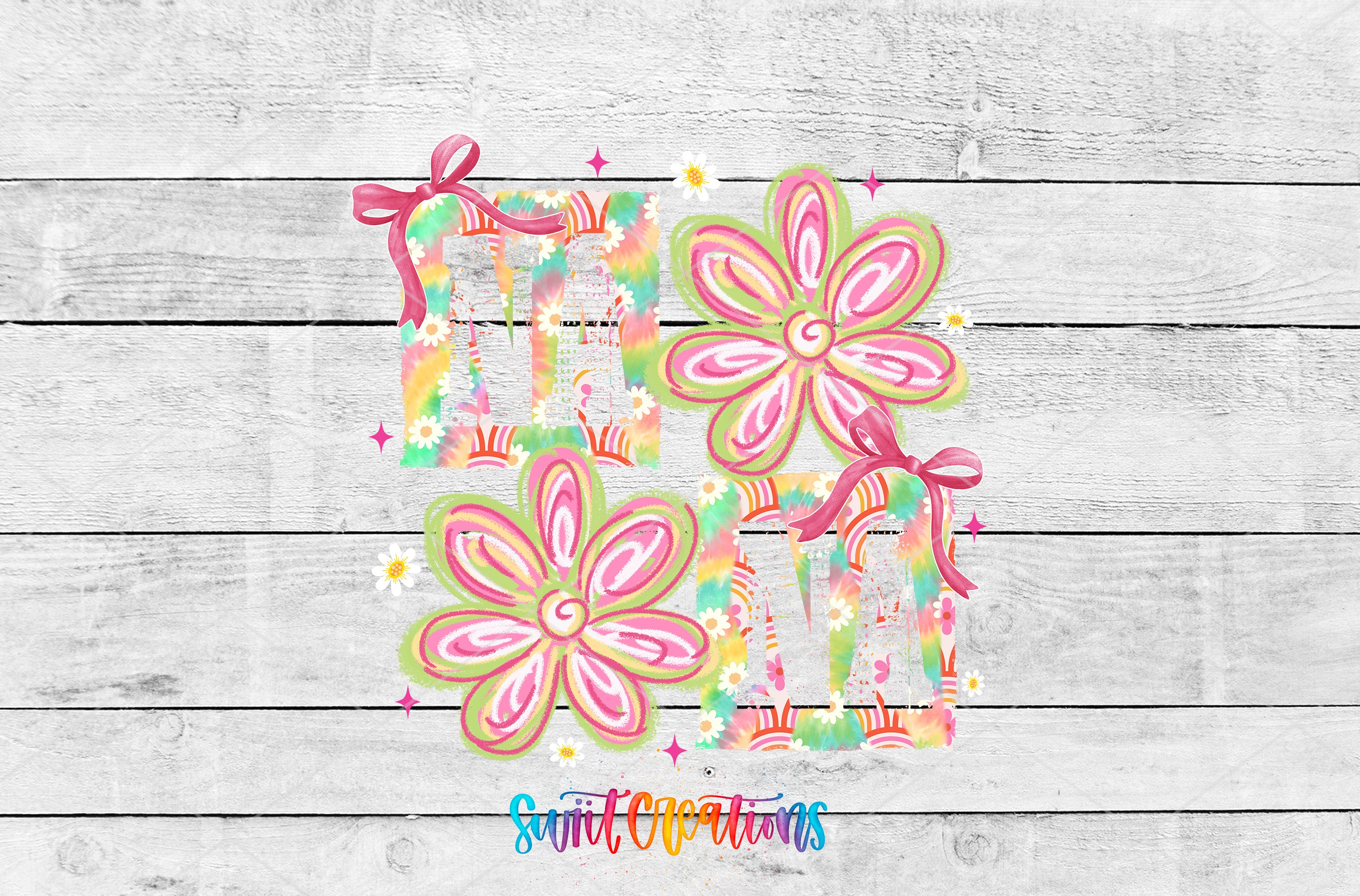A colorful and whimsical arrangement of flower-like shapes with pink bows, set against a white wooden background.