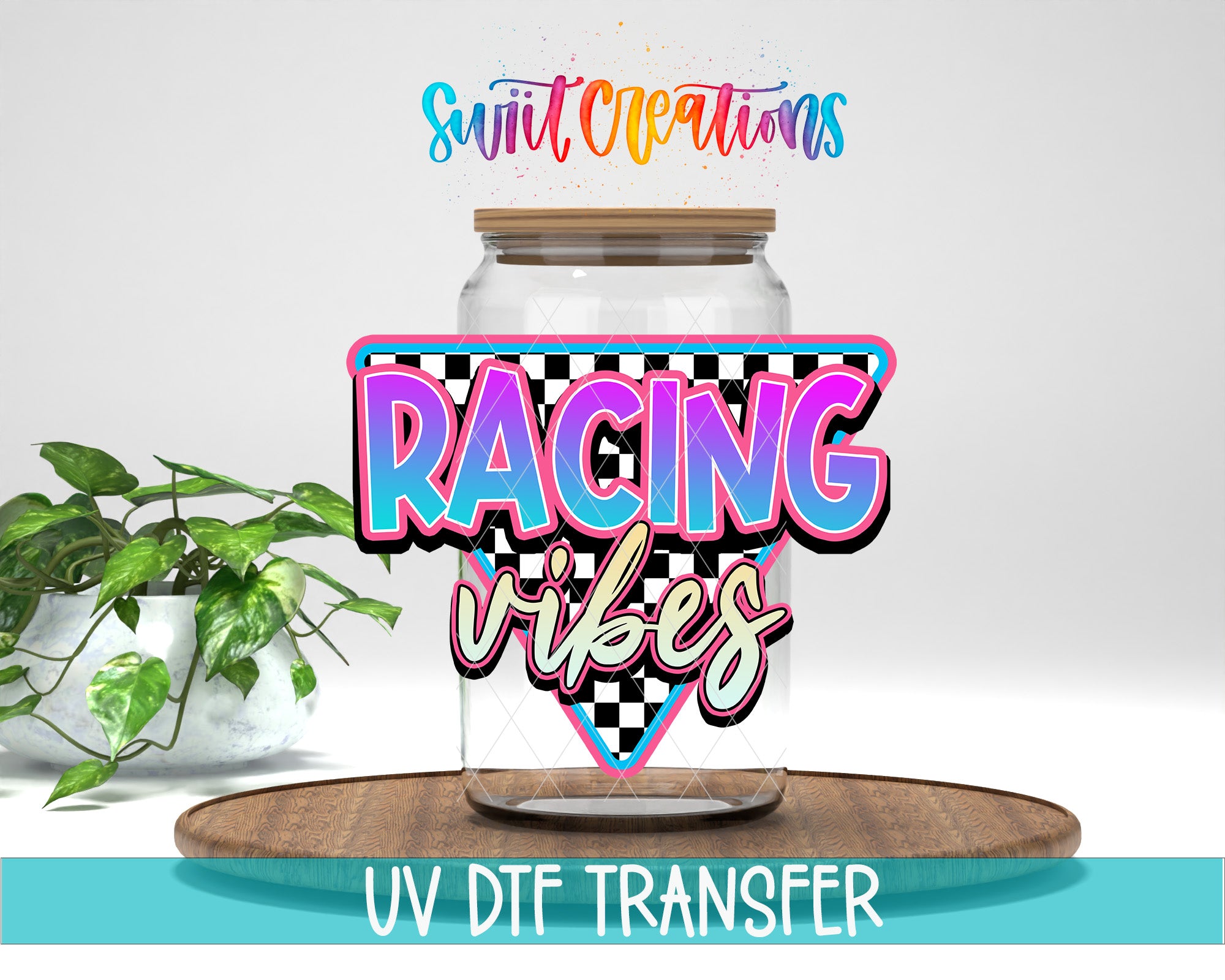 a glass jar with a checkered pattern and the text "RACING VIBES" written on it, placed on a wooden surface.