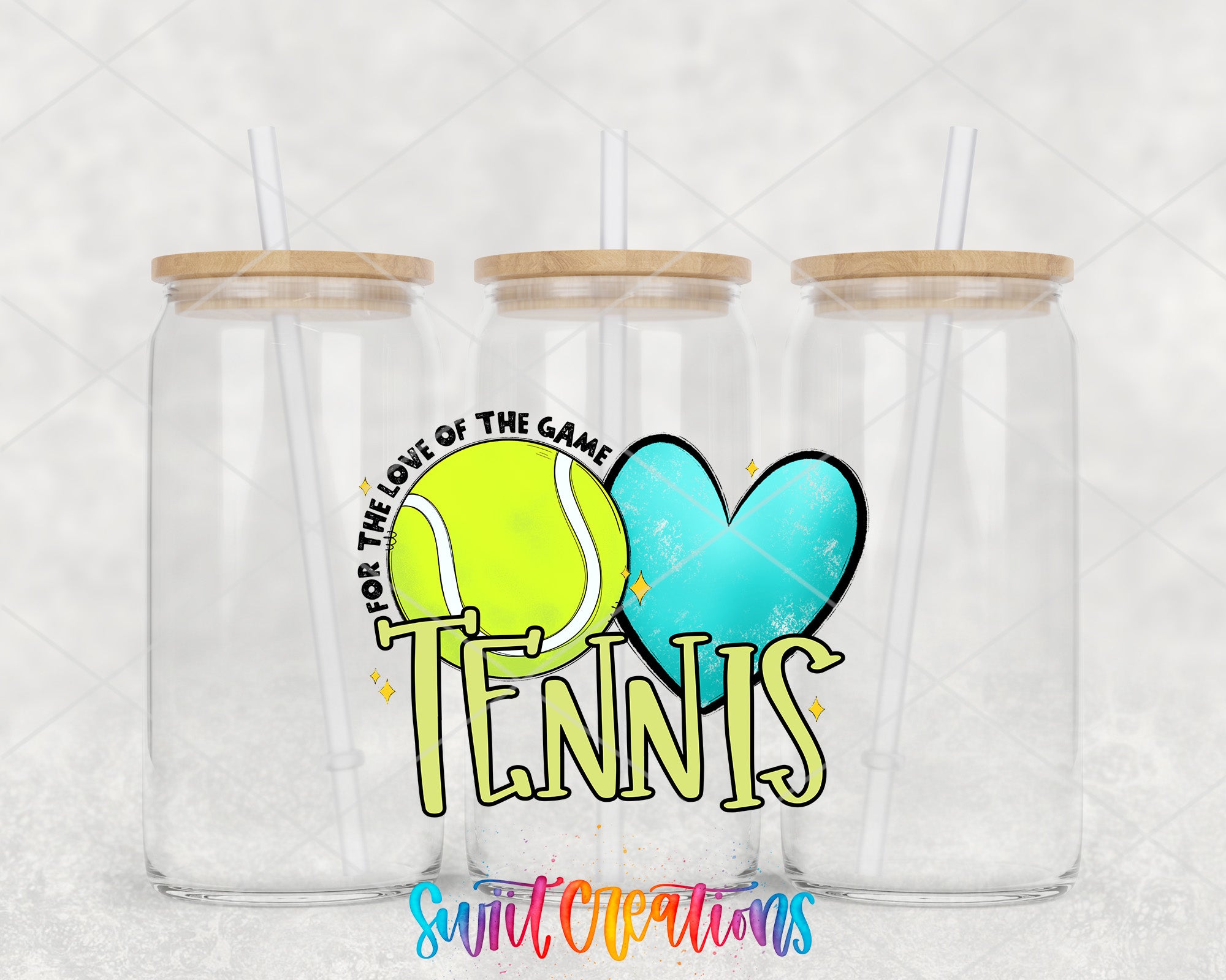 Three clear glass jars with wooden lids, each with a straw, arranged in a row. The jars have a tennis ball and a heart design on them, and the text "Tennis" is prominently displayed in the center.