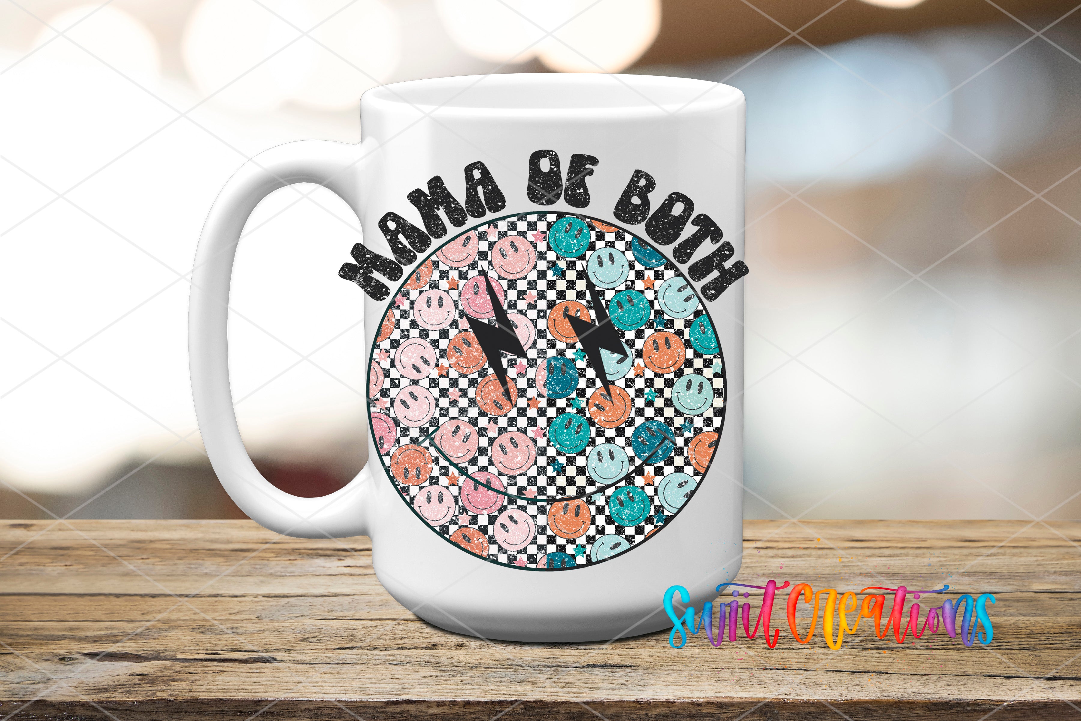 A white mug with a colorful design featuring a smiling face pattern and the text "Mama Se Both" printed on it.