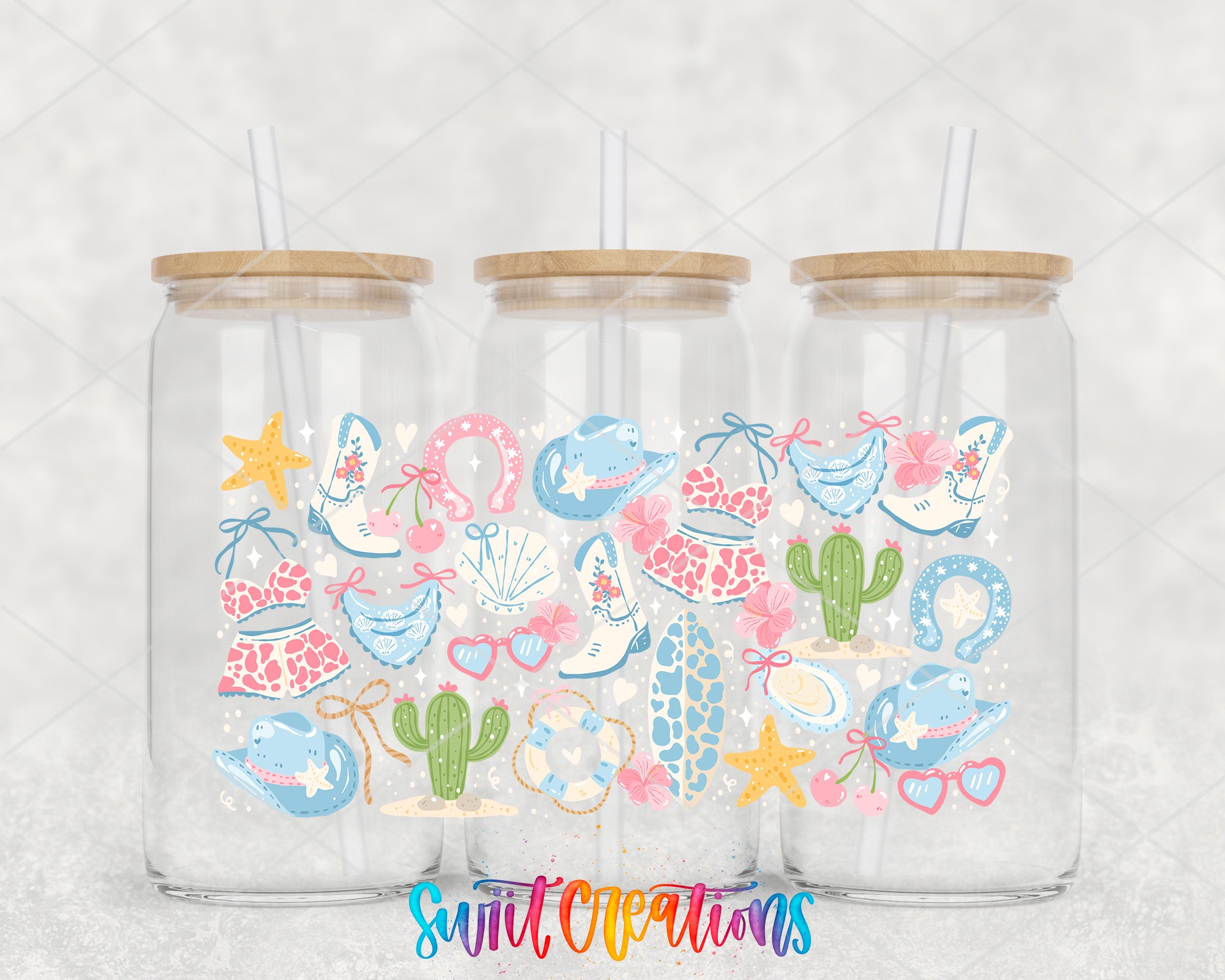 Three glass jars with straws, each containing a colorful illustration of various objects and animals, including stars, cacti, hearts, and other whimsical designs.