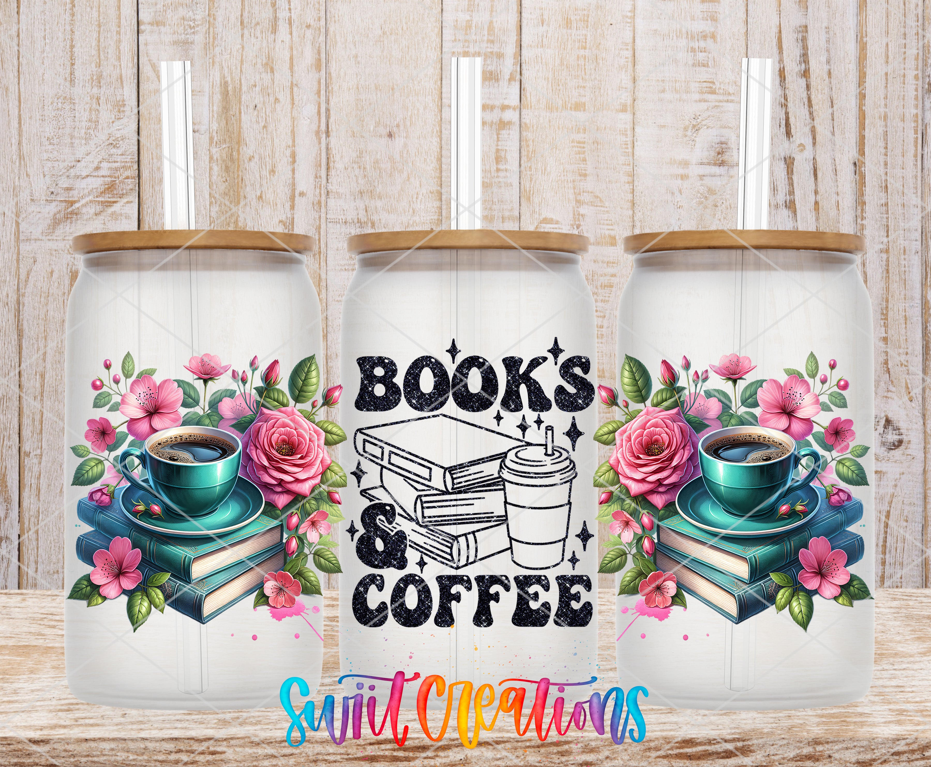 three white glass tumblers with floral designs and text, including a coffee cup and books, arranged in a row.