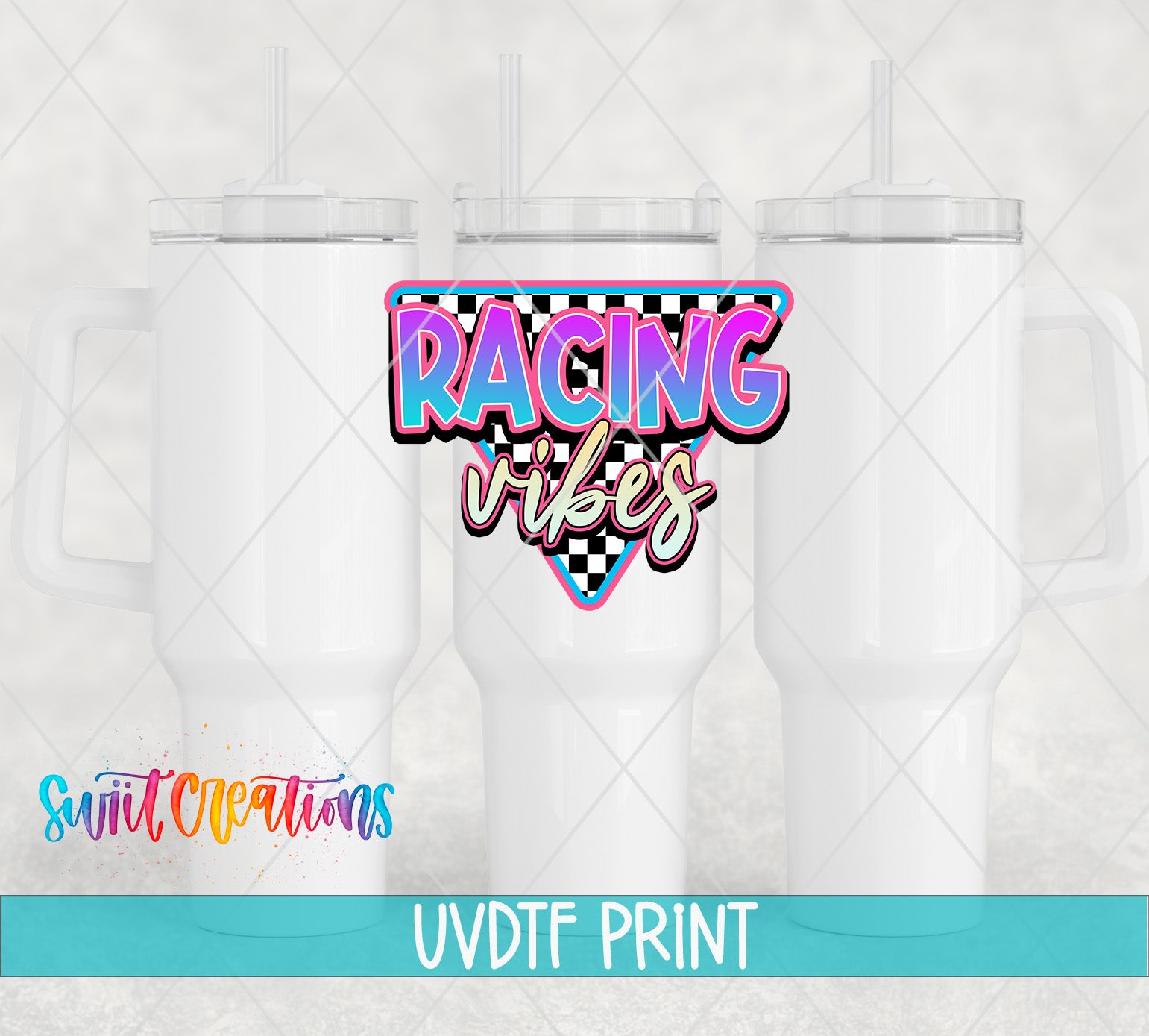 three white tumblers with a colorful and stylized logo that says "RACING VIBES" in the center.