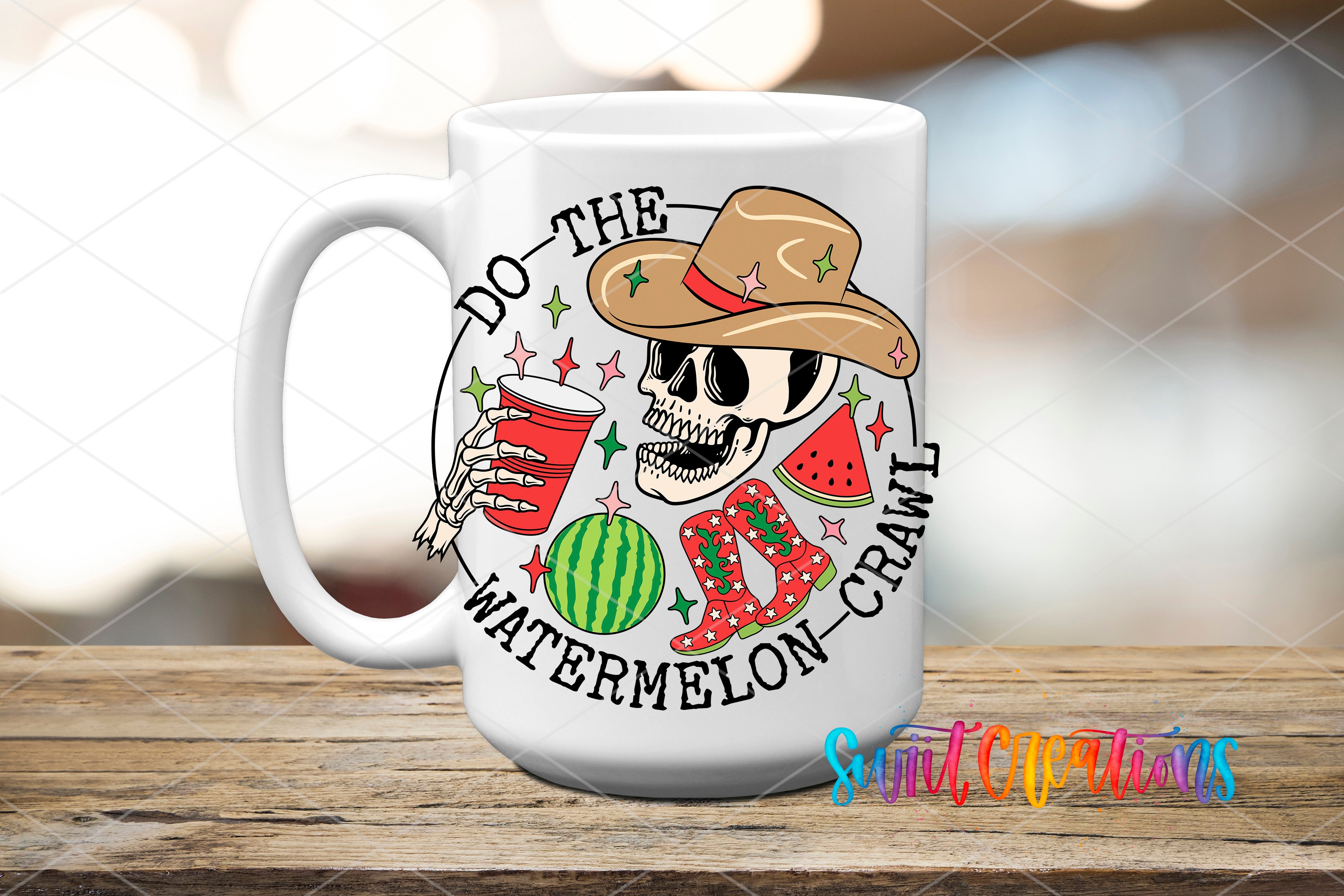 A white mug with a colorful design featuring a skull wearing a cowboy hat, holding a red cup, and surrounded by various summer-themed objects such as a watermelon slice, a pair of boots, and a straw.