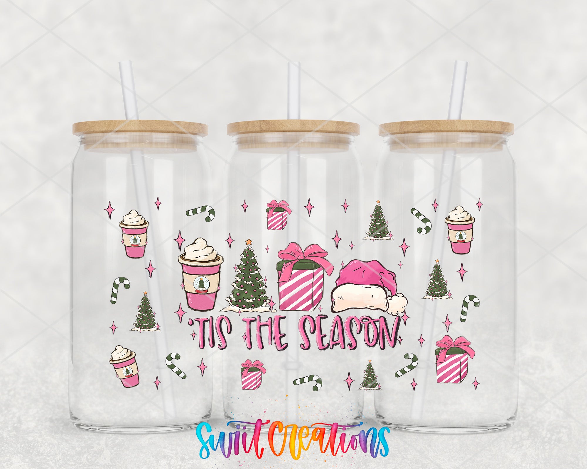 A collage of three glass tumblers with a festive holiday theme, featuring illustrations of Christmas trees, presents, and a Santa hat.