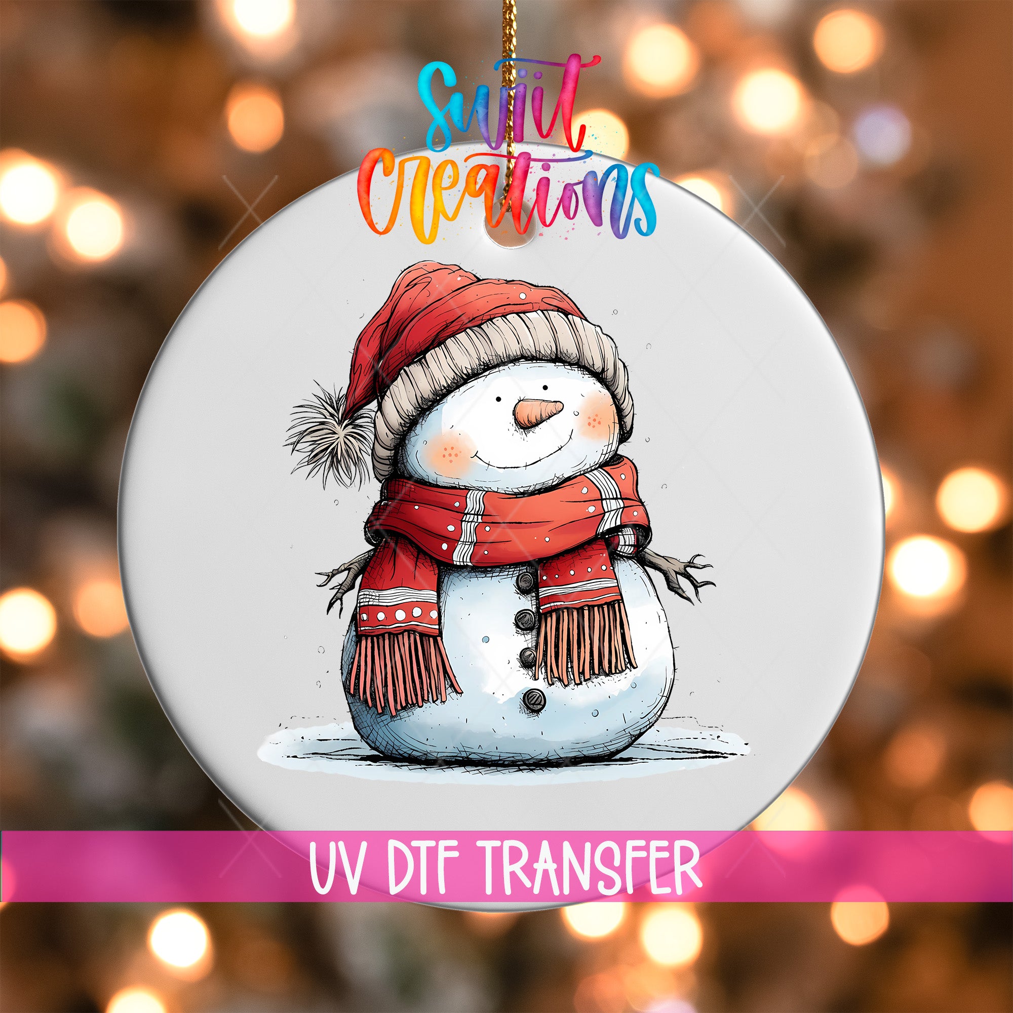 A snowman ornament with a red scarf and hat, set against a background of colorful lights.