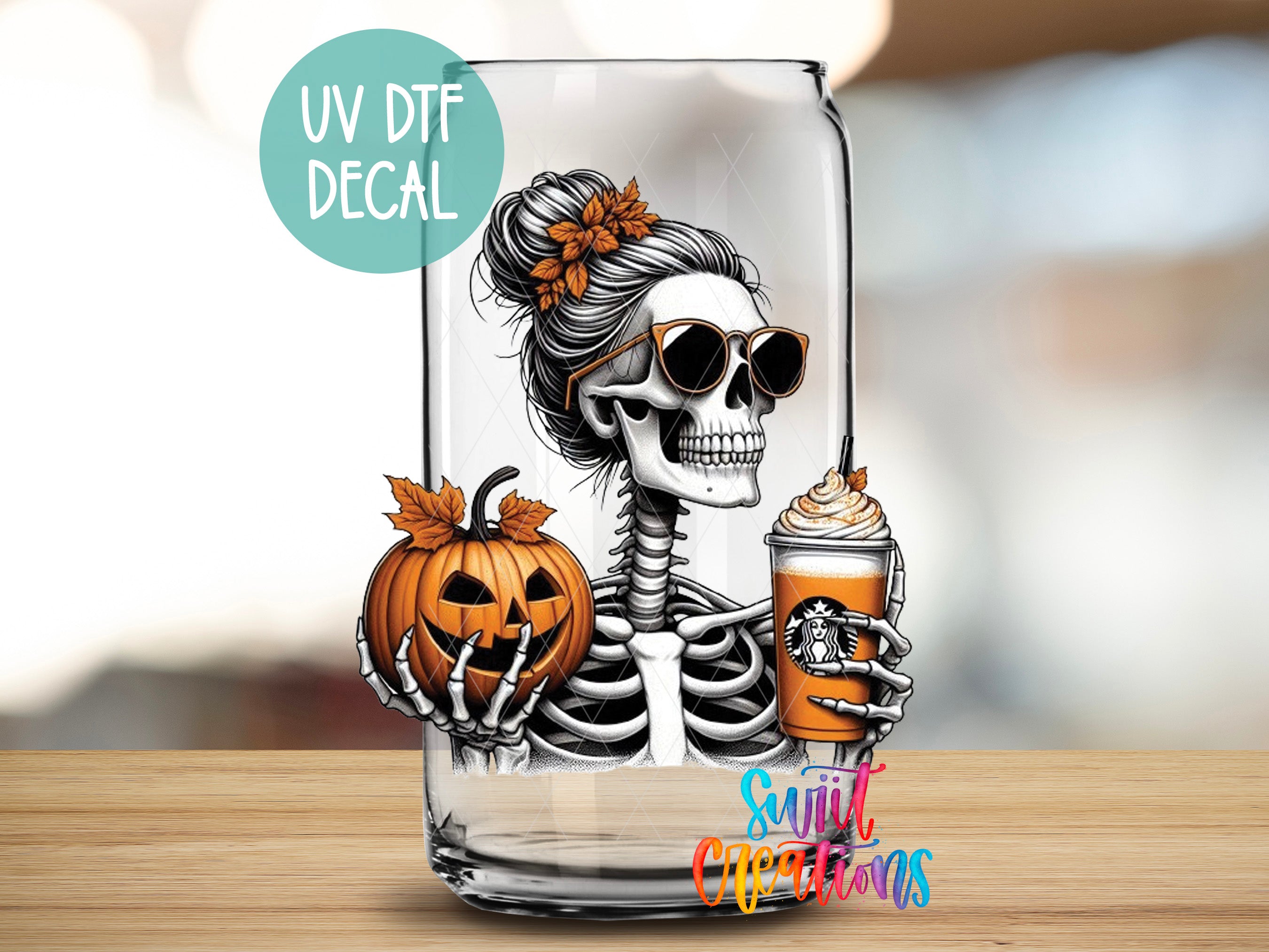 a glass with a skeleton holding a drink
