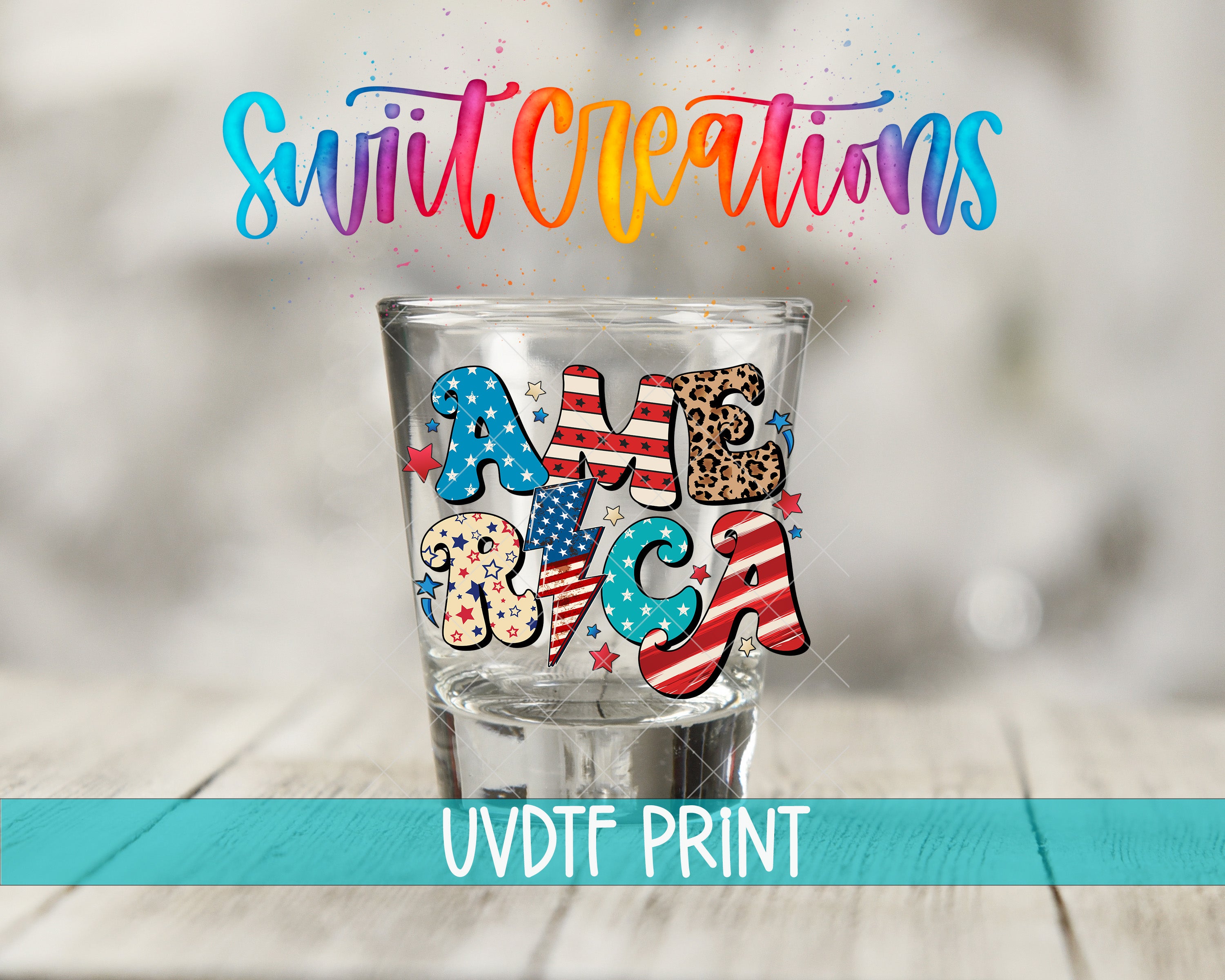 a glass with the word "AMERICA" written on it, surrounded by various patriotic symbols such as stars, stripes, and a leopard print.