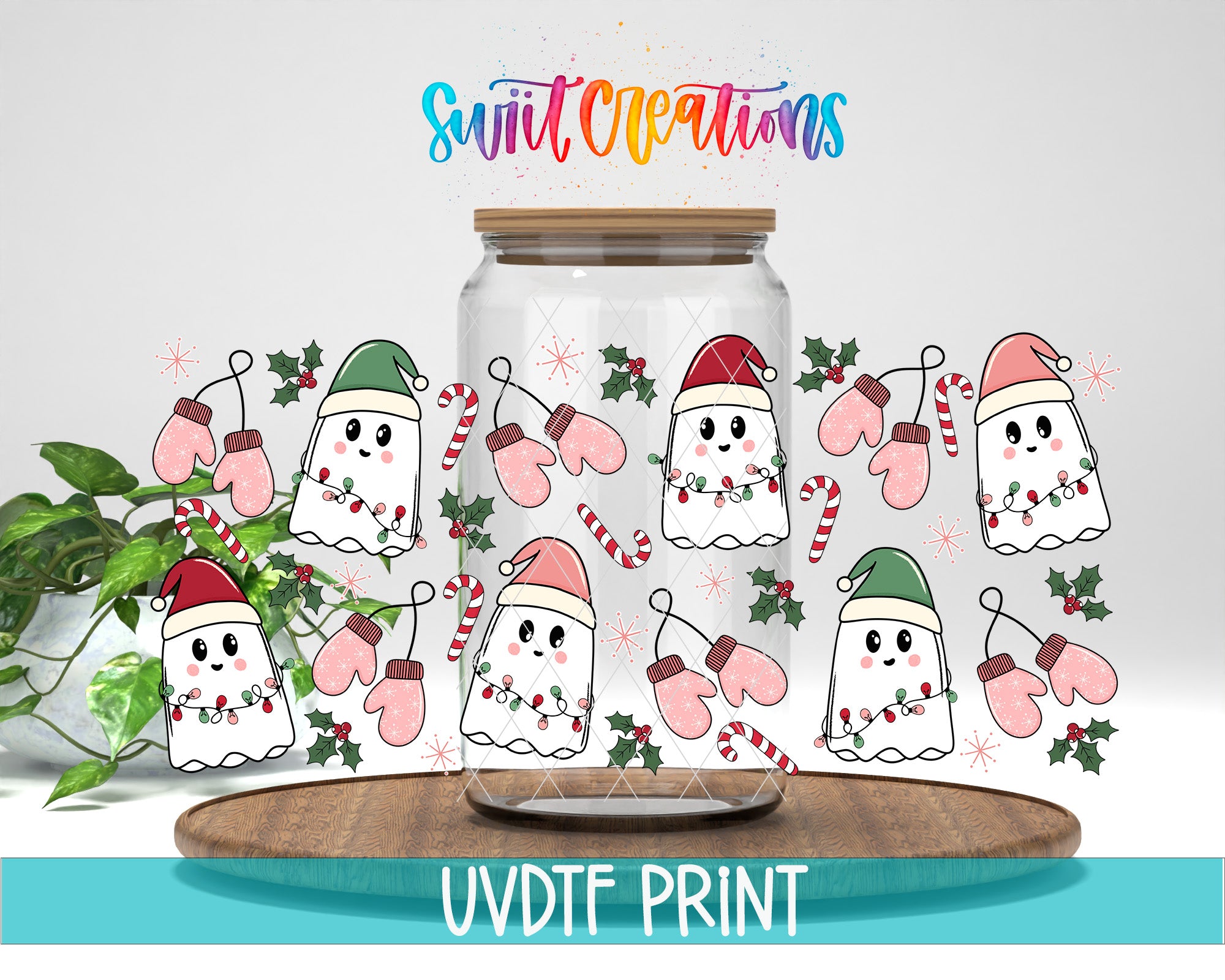 A glass jar filled with various cartoon-style ghost characters, each wearing a Santa hat and surrounded by Christmas decorations such as holly, mistletoe, and candy canes. The jar is placed on a wooden surface, and the text "Swift Creations" is written above it.