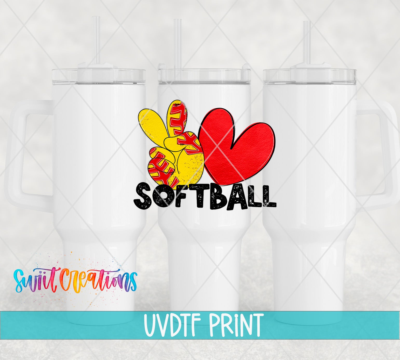 three white tumblers with a printed design on them, including a red heart and the word "SOFTBALL".