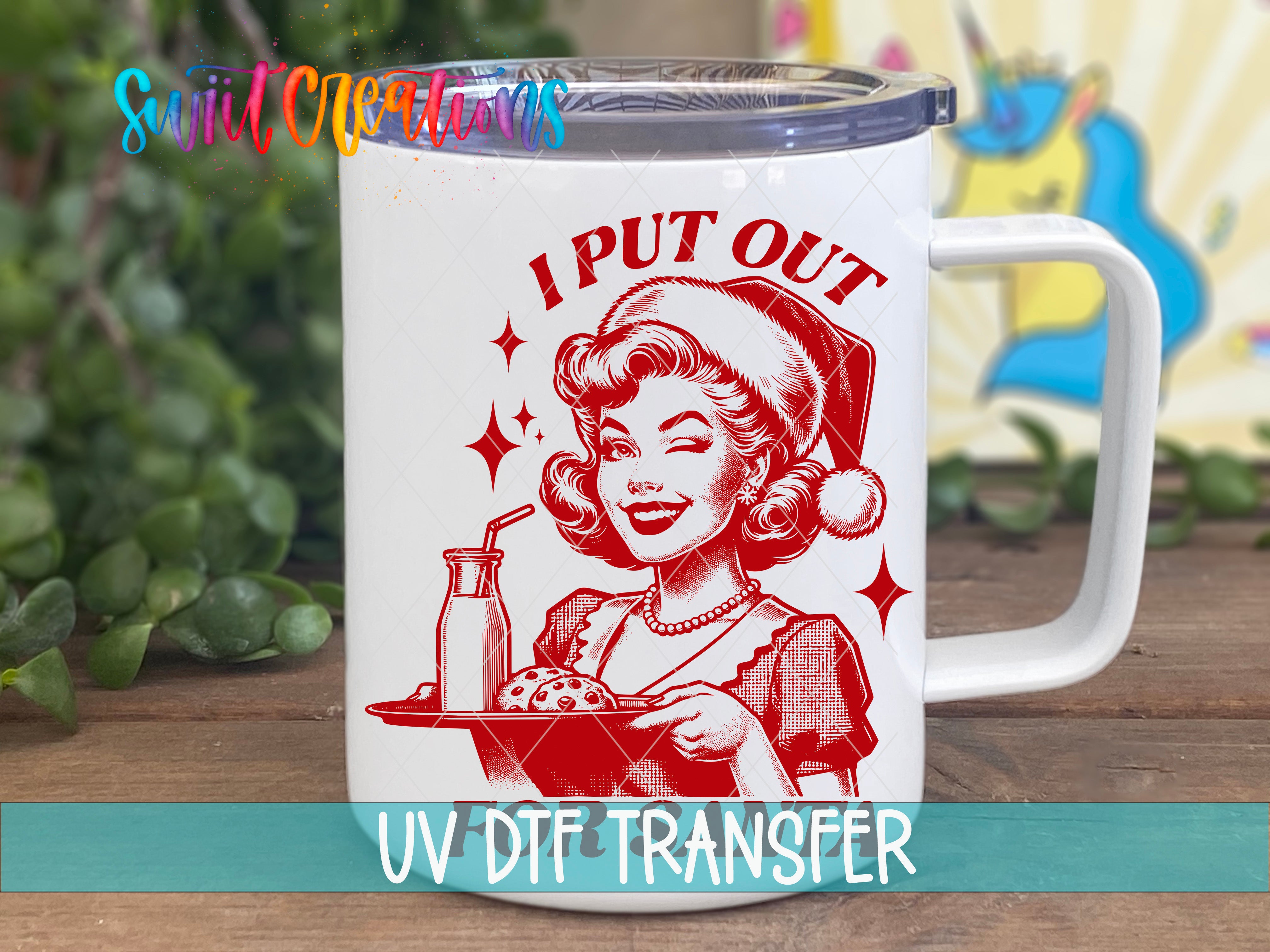 A white mug with a red illustration of a smiling woman holding a tray with food and a drink, along with the text "I PUT OUT" and "UV Dtf Transfer".