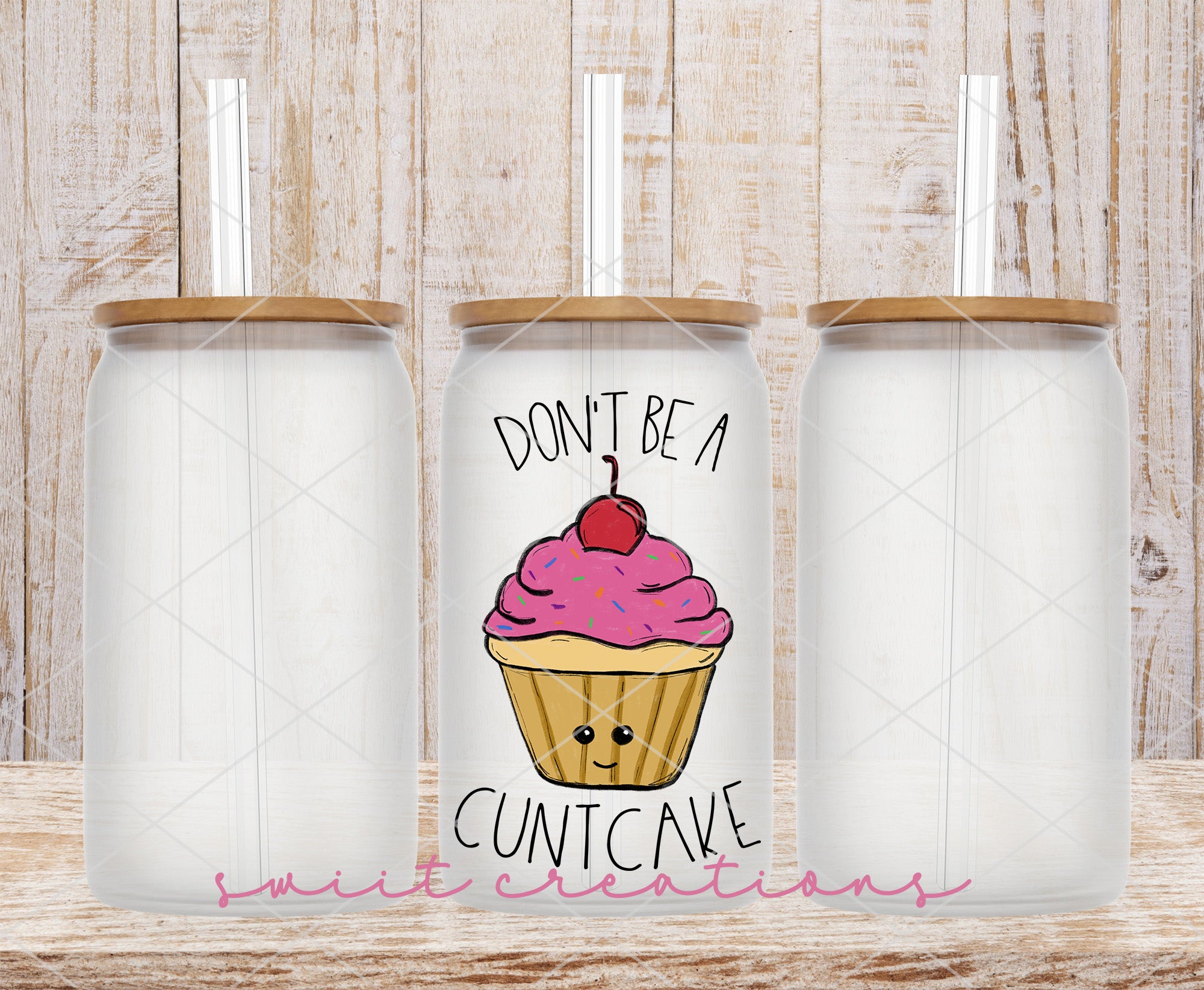 two plastic cups with a cupcake design on them