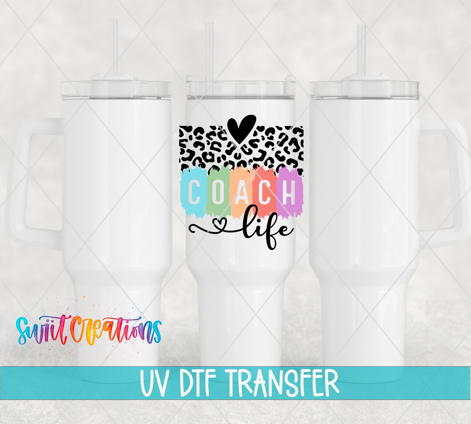 three white tumblers with a leopard print design and the text "COACH life" printed on them.