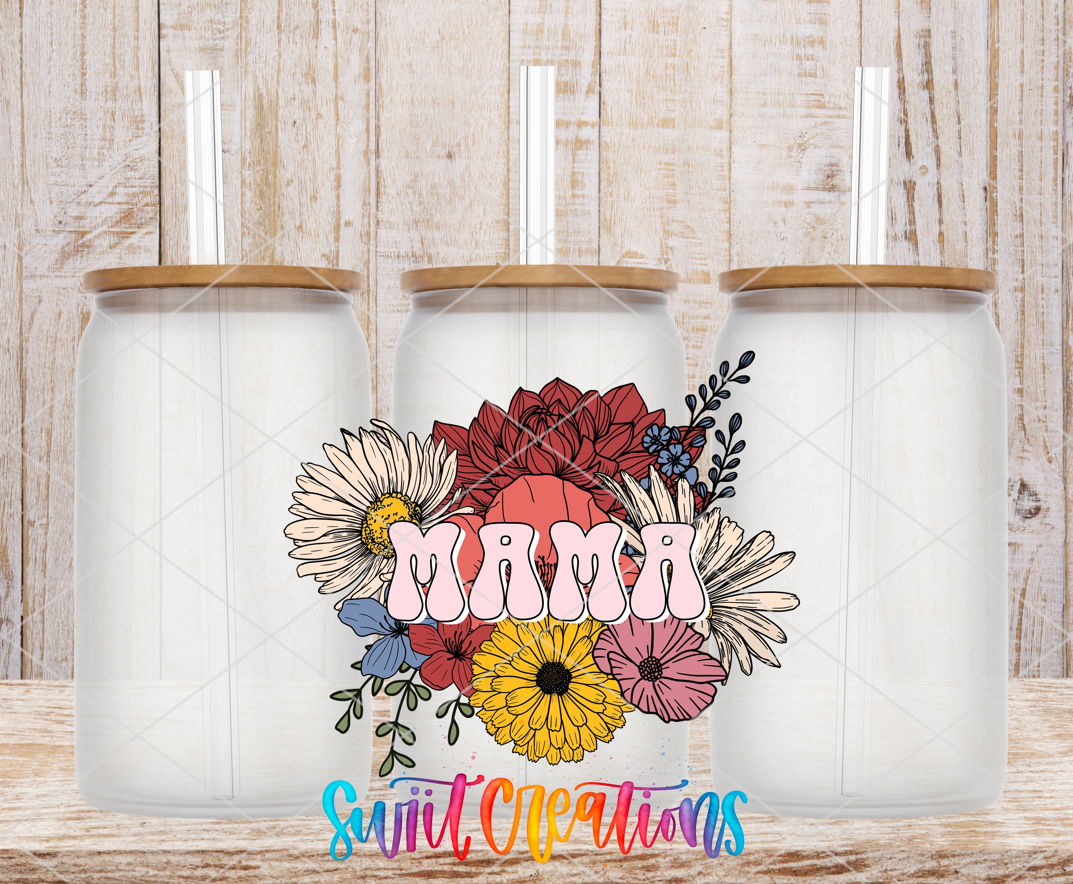 A collage of three glass jars with straws, each containing a colorful floral arrangement. The word "Mama" is prominently displayed in the center of the image.