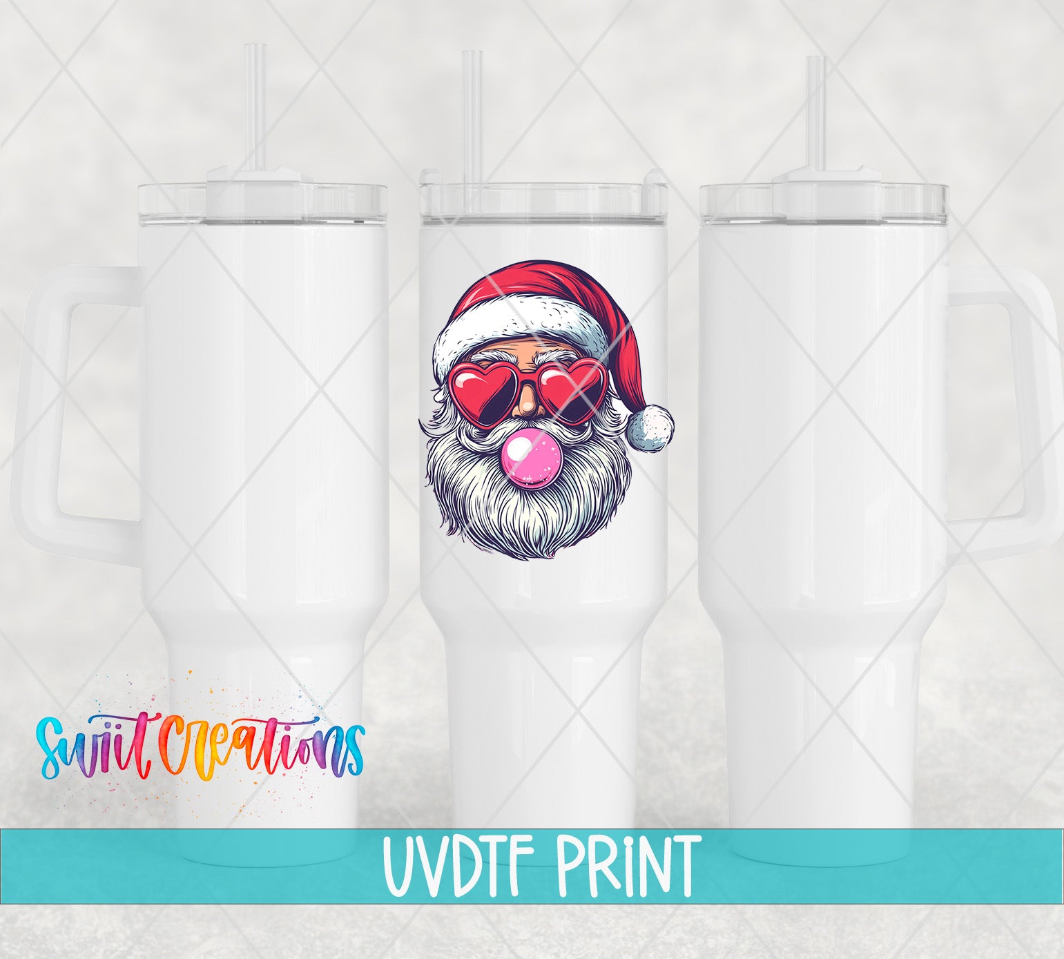 three white tumblers with a Santa Claus face design printed on them.