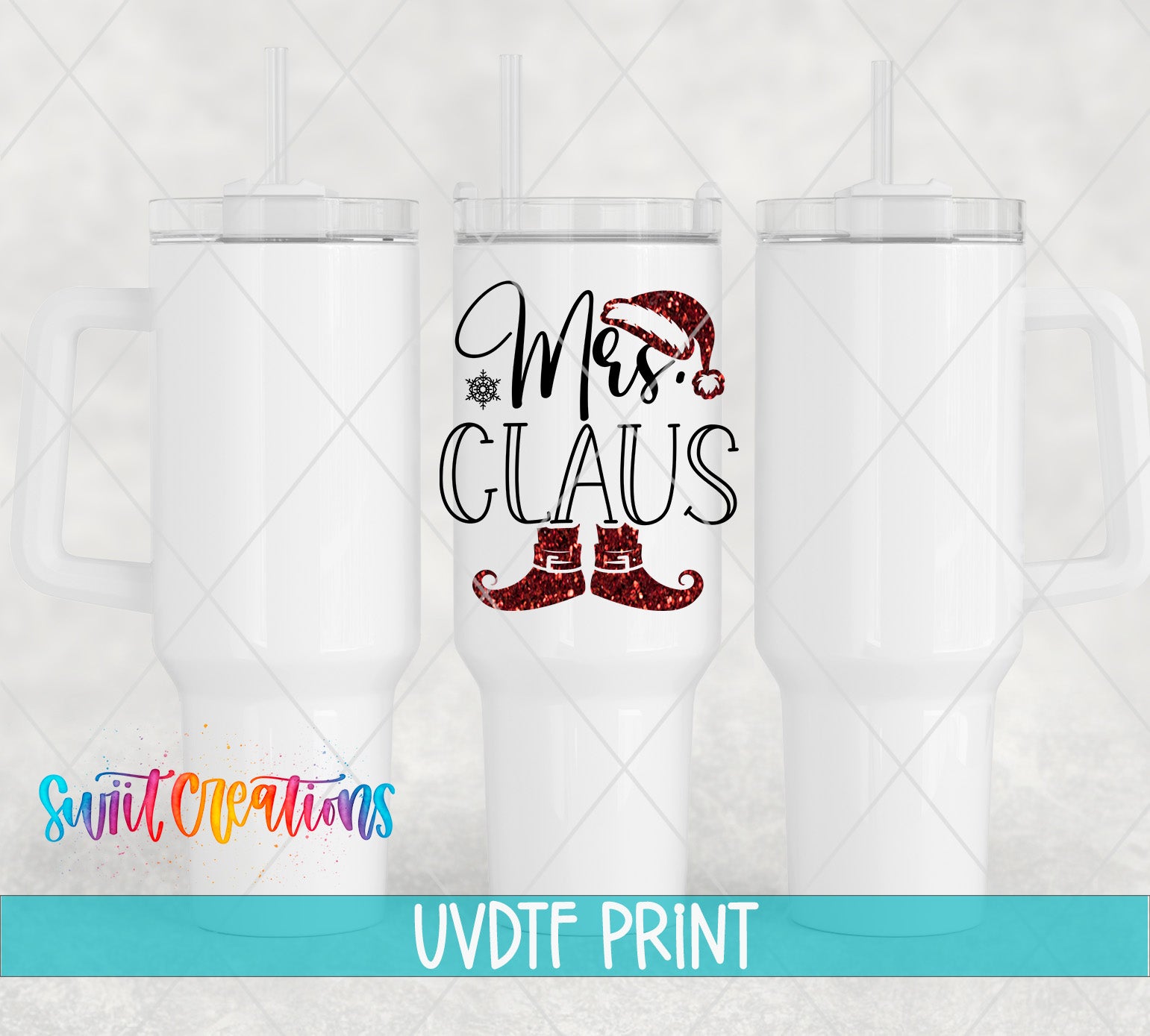 three white tumblers with a printed design on them, including a Santa Claus hat and the text "Mrs. Claus".
