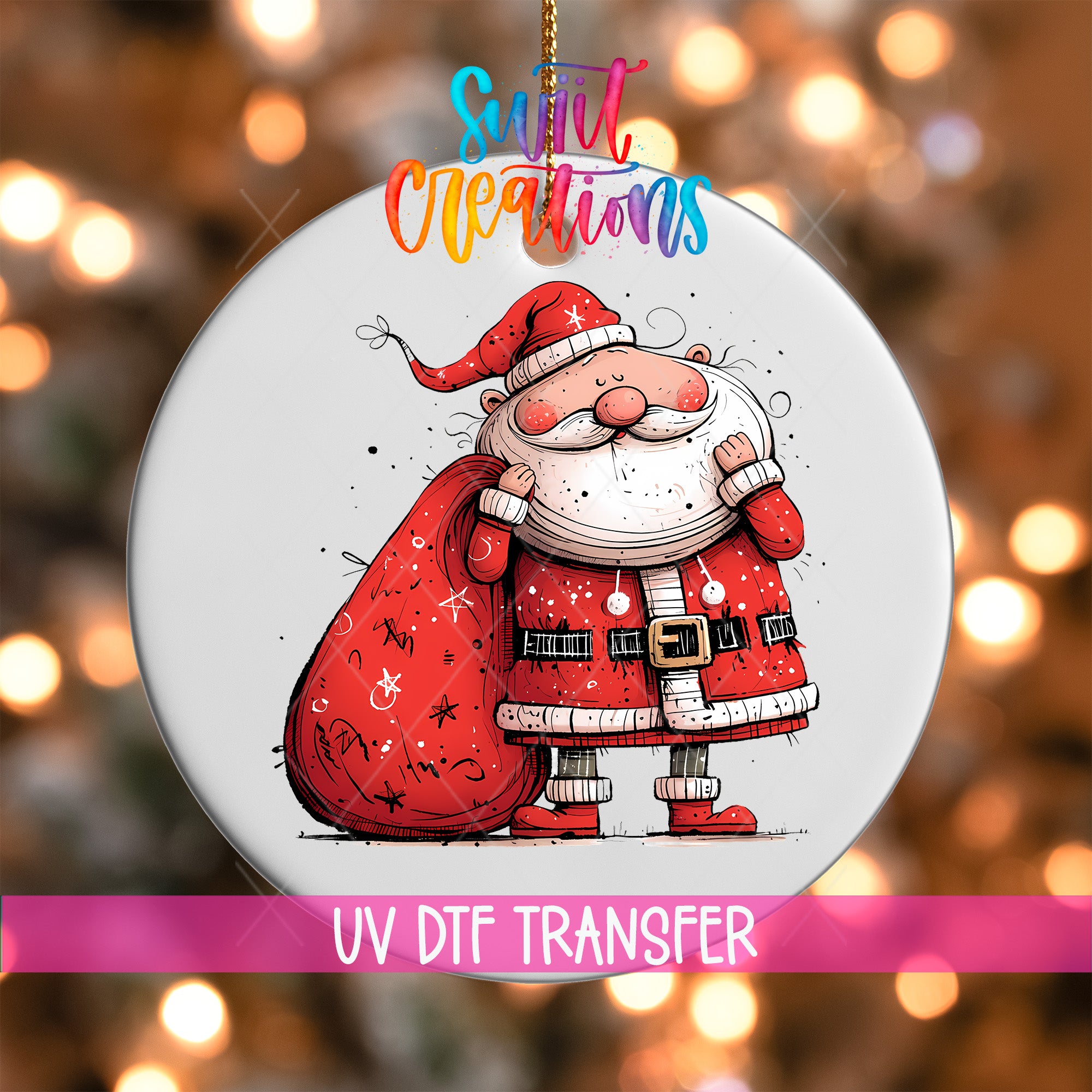 A round ornament featuring a cartoon Santa Claus figure with a red sack, wearing a red suit and hat, against a background of colorful lights.