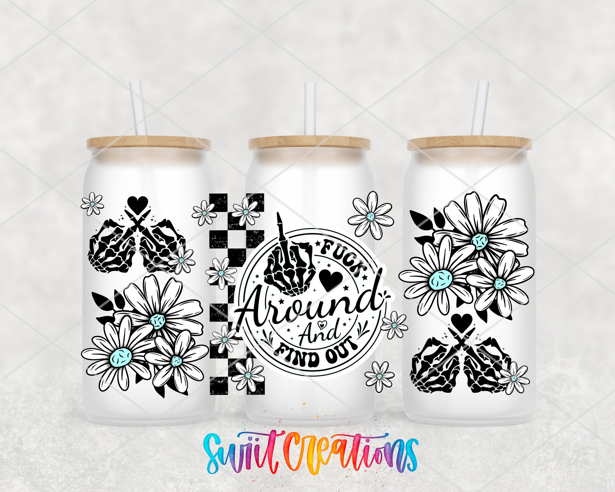 three white tumblers with black and white floral designs and text, including a central design with a hand making a obscene gesture.
