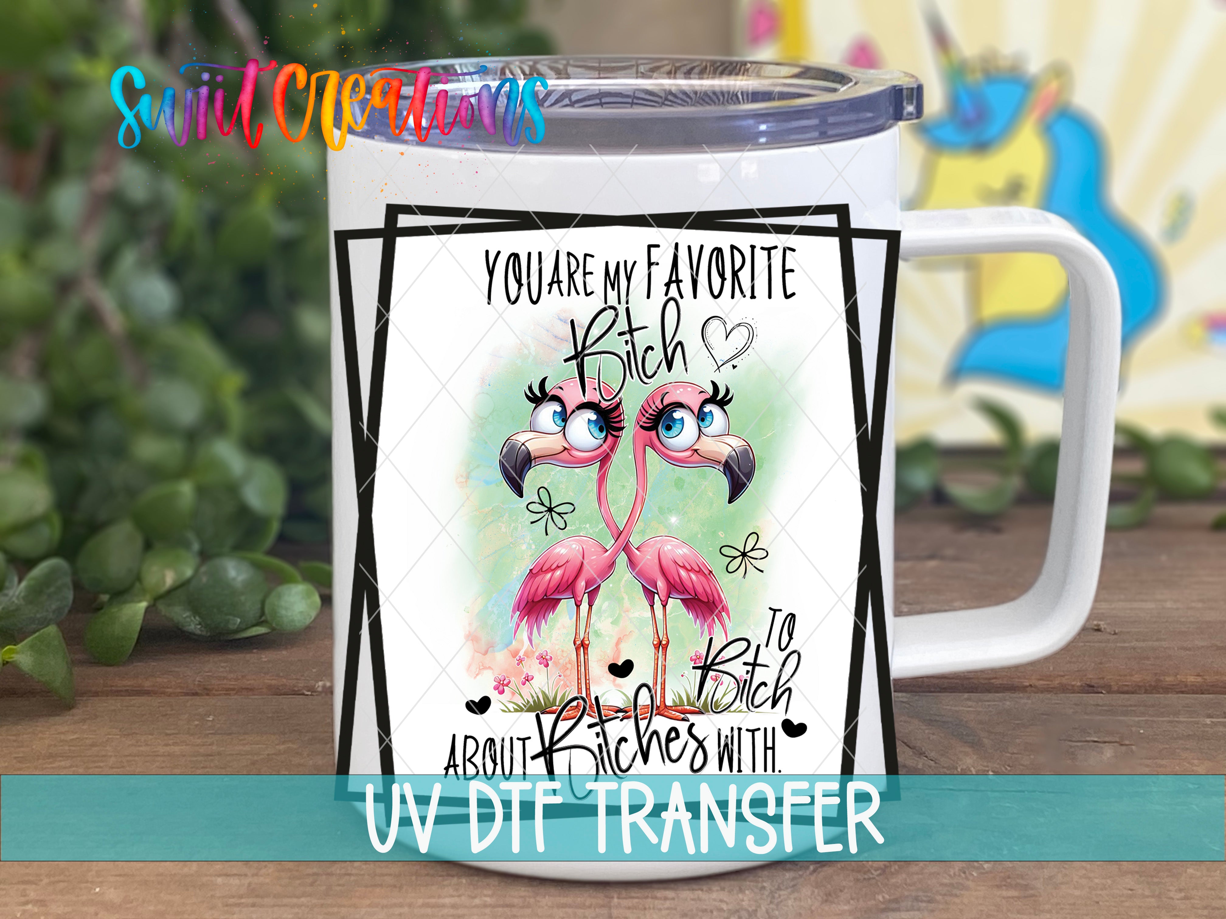 A white mug with a colorful design featuring two pink flamingos and text that says "You are my favorite rich trash about rich with".
