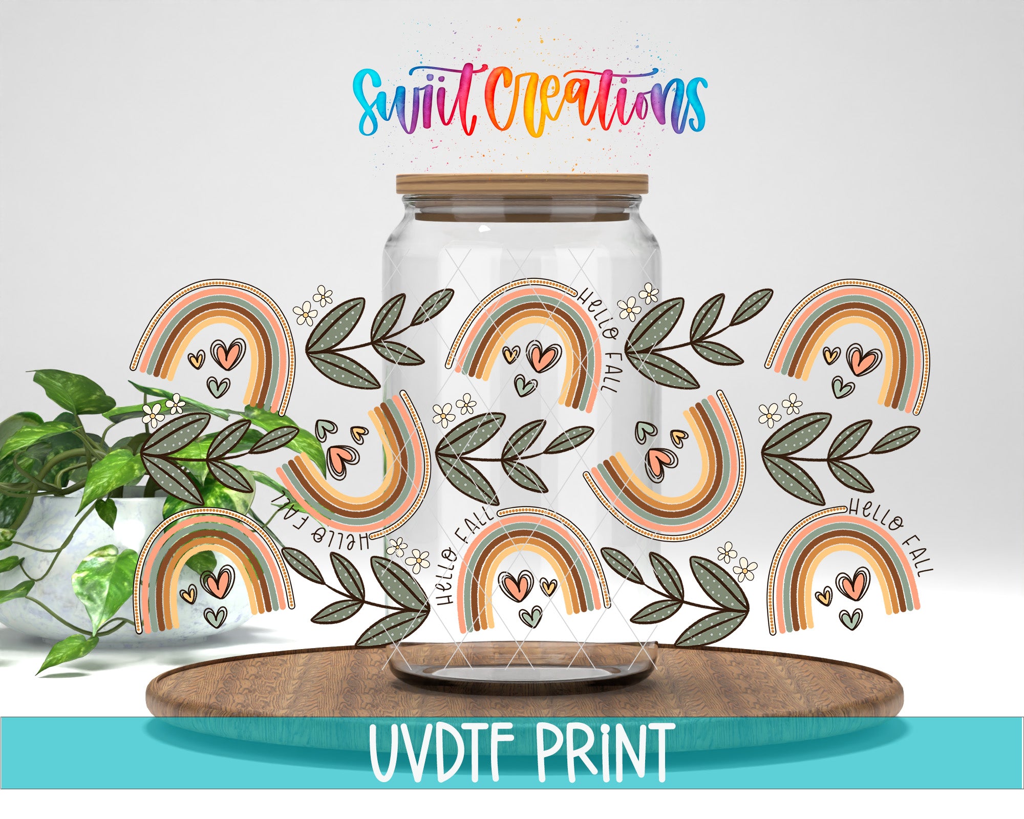 The image is a colorful and whimsical collage featuring a glass jar with a wooden lid, surrounded by various rainbow-themed illustrations, including hearts, leaves, and flowers. The text "Swift Creations" is written above the jar, and "UVDF PRINT" is written at the bottom of the image.