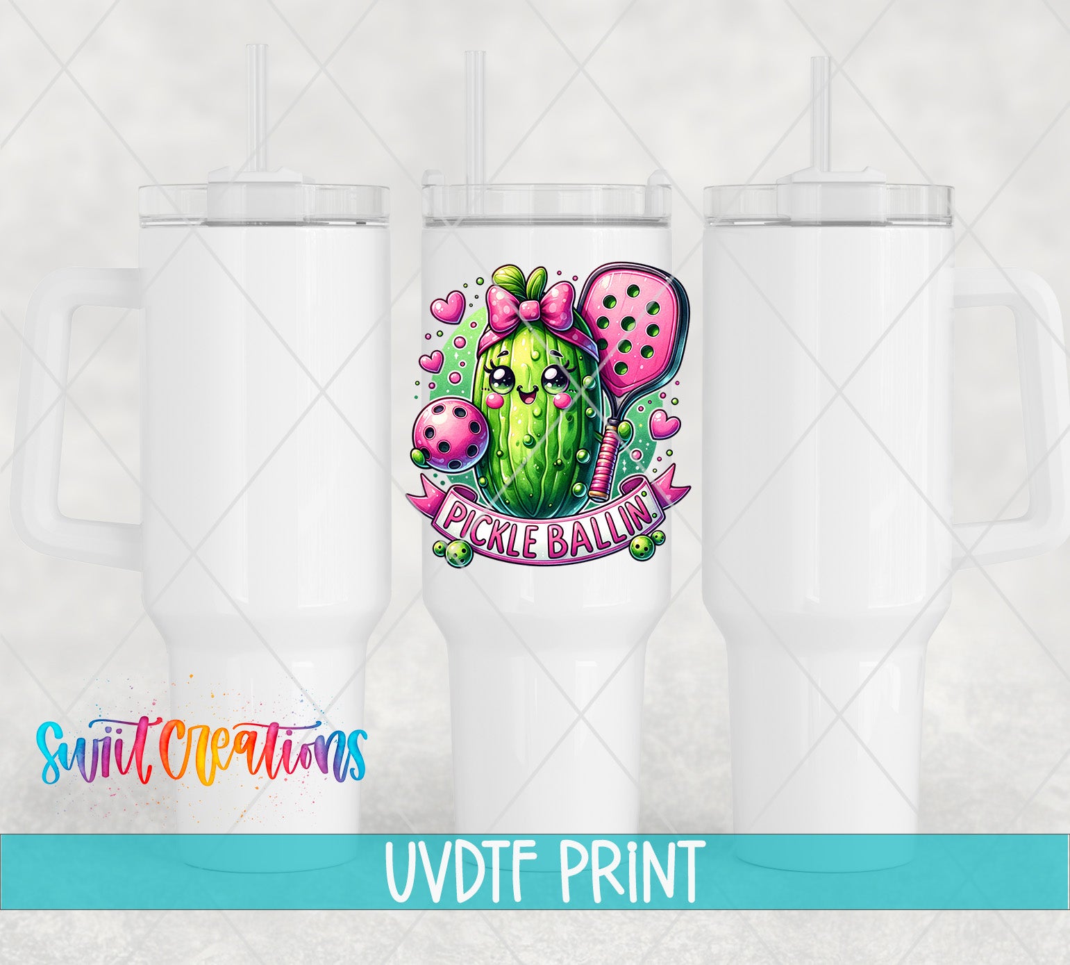 a white cup with a colorful graphic of a pickle on it, along with the text "Pickle Ballin'".