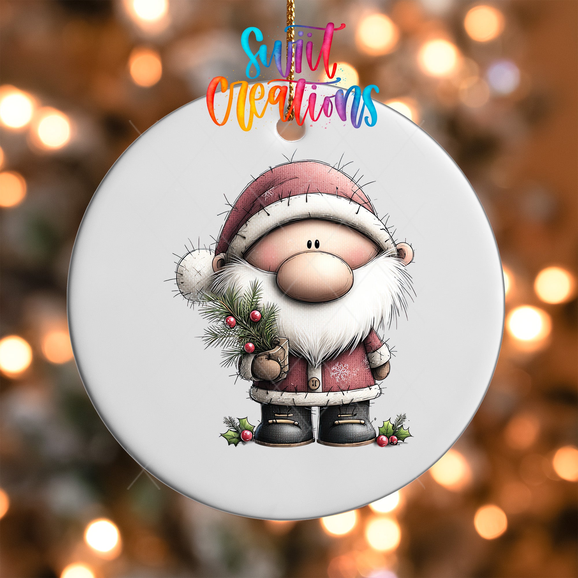 A white ornament featuring a cartoon Santa Claus character holding berries and holly leaves.