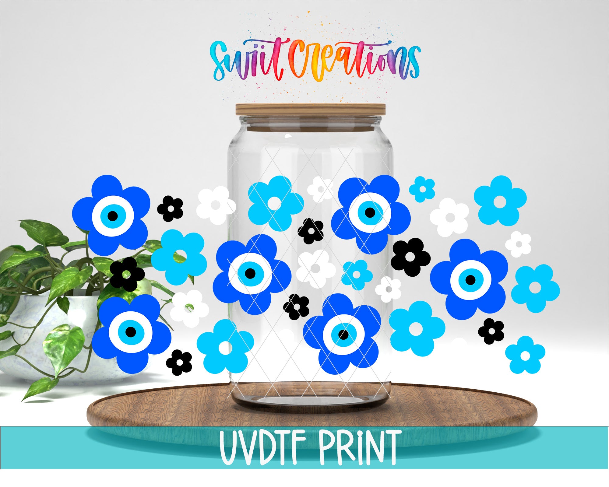 a glass jar filled with blue and white flowers, placed on a wooden surface. The jar is surrounded by various flower designs, creating a visually appealing and colorful display.