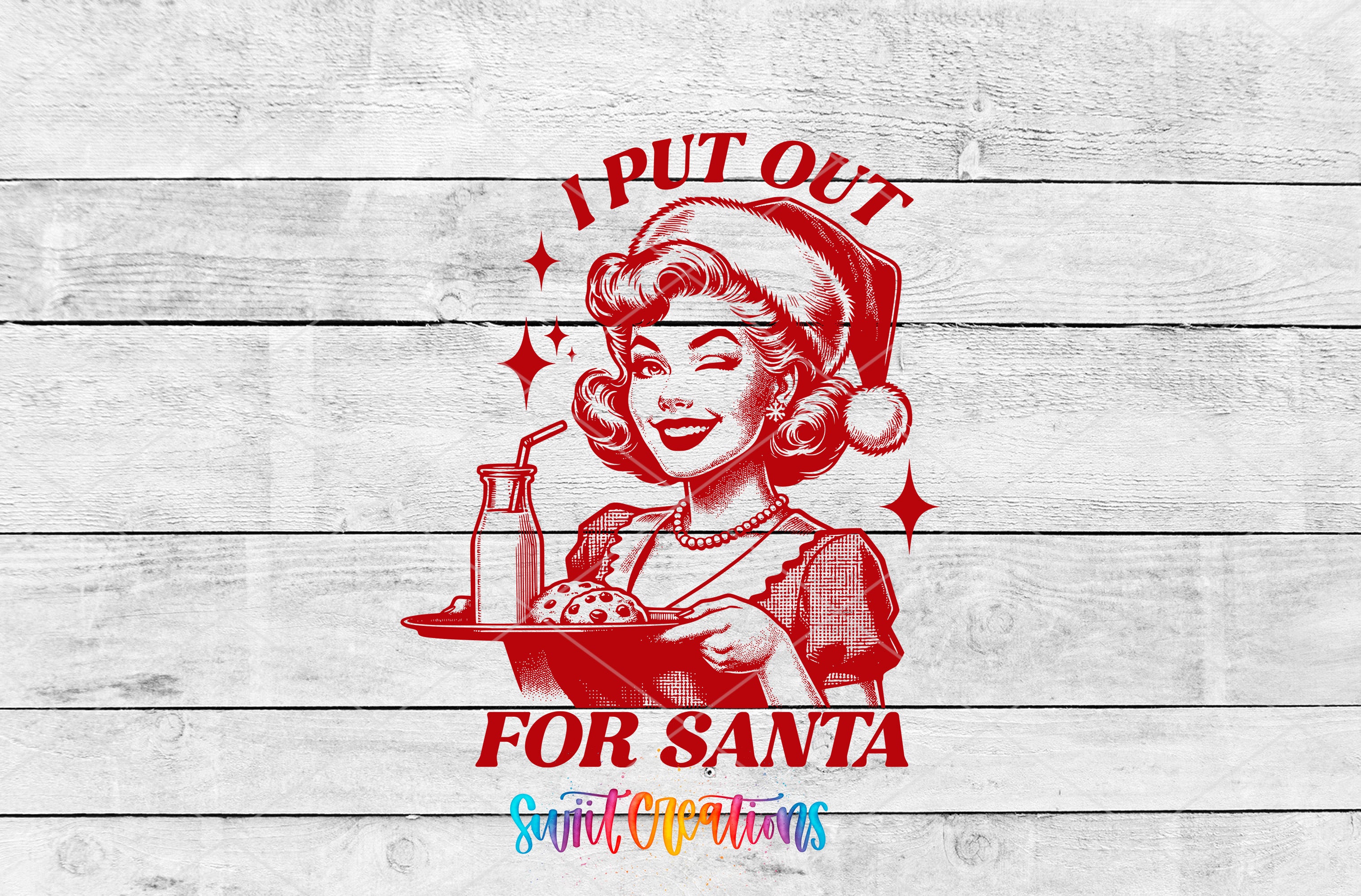 A red and white illustration of a smiling woman wearing a Santa hat and holding a tray with a cookie and a drink, accompanied by the text "I PUT OUT FOR SANTA" and "Sprint Creations"