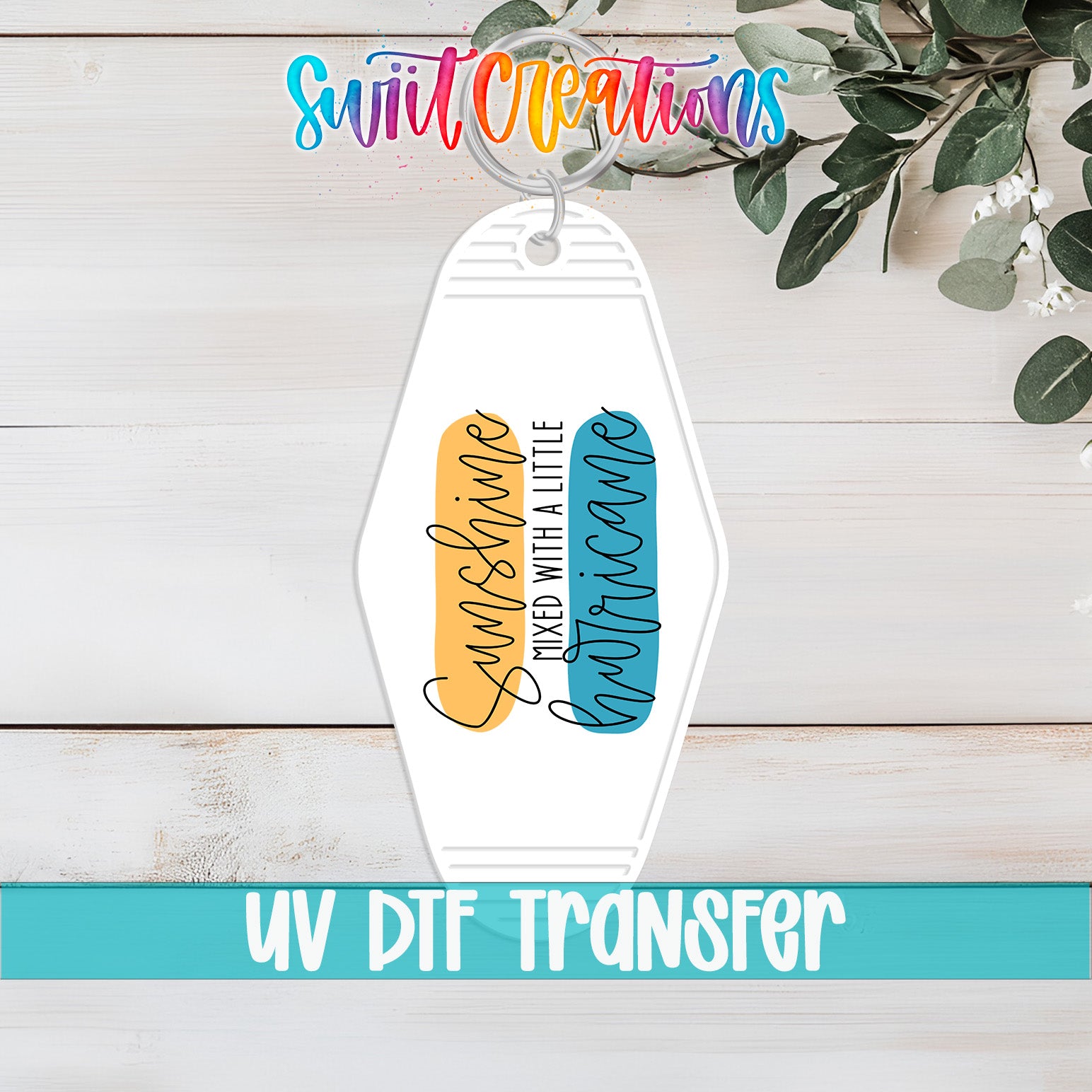 A keychain with a design featuring the words "Sunshine Mixed with a Little Grapefruit" printed on it, along with a colorful background.